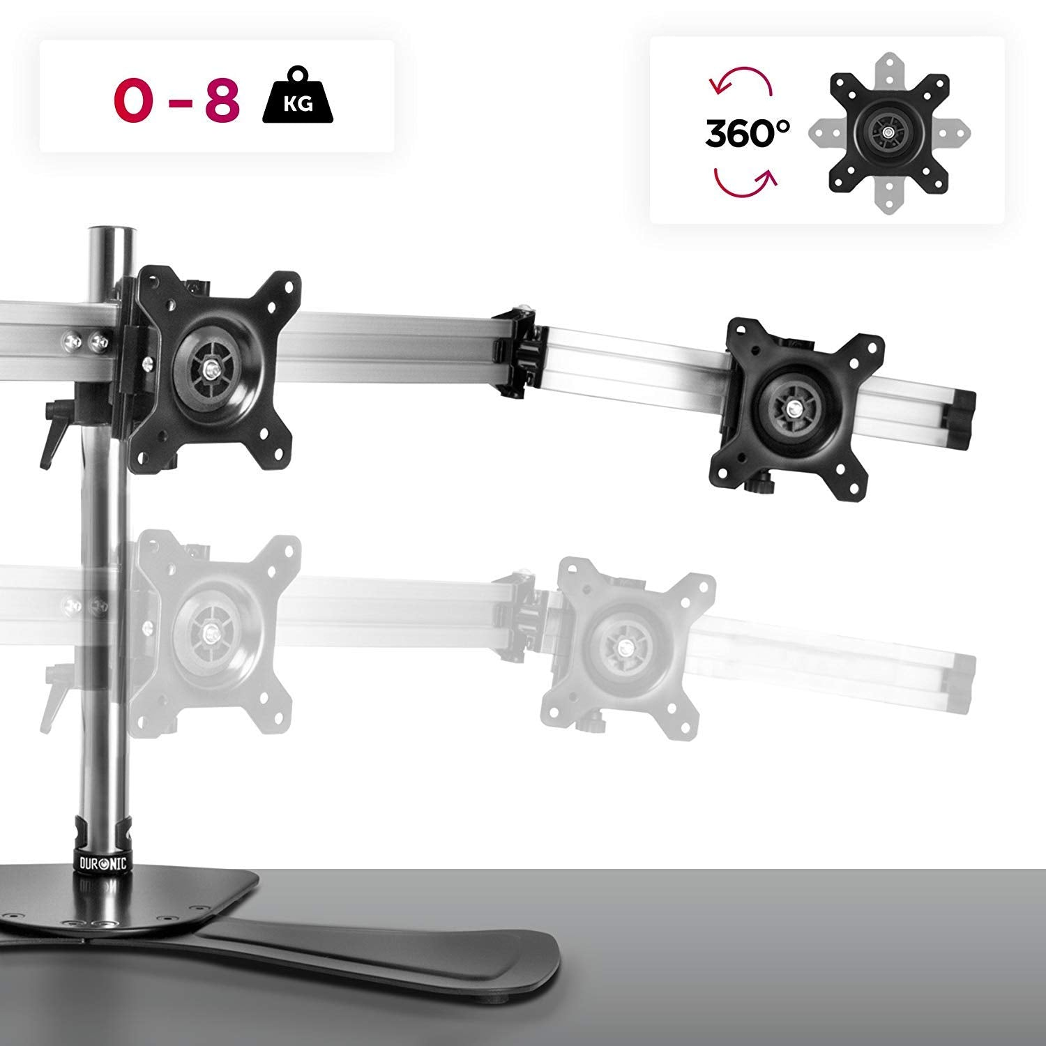 Monitorhalterung mit zwei Armen. Zeigt die Tragfähigkeit 0-8 kg und 360°-Dreh-Symbole.