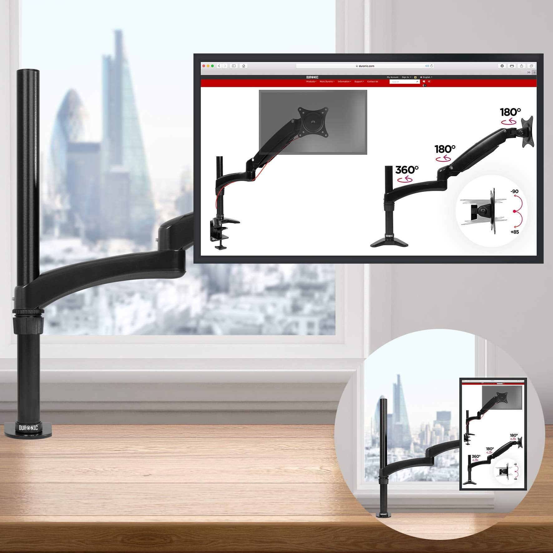 Schwarzer Monitorarm auf einem Schreibtisch, Fenster dahinter mit Stadtblick. Der Bildschirm hat Produktdetails.