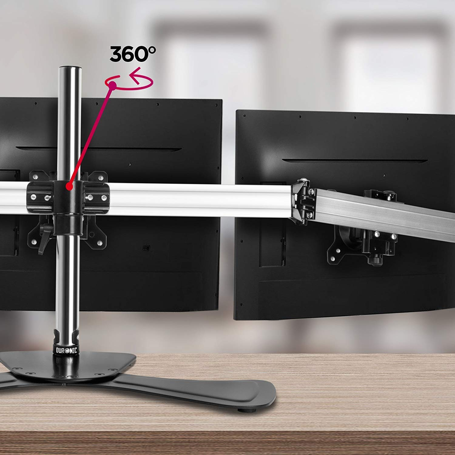 Ein Monitorständer mit zwei Monitoren und einem 360-Grad-Dre Pfeil.