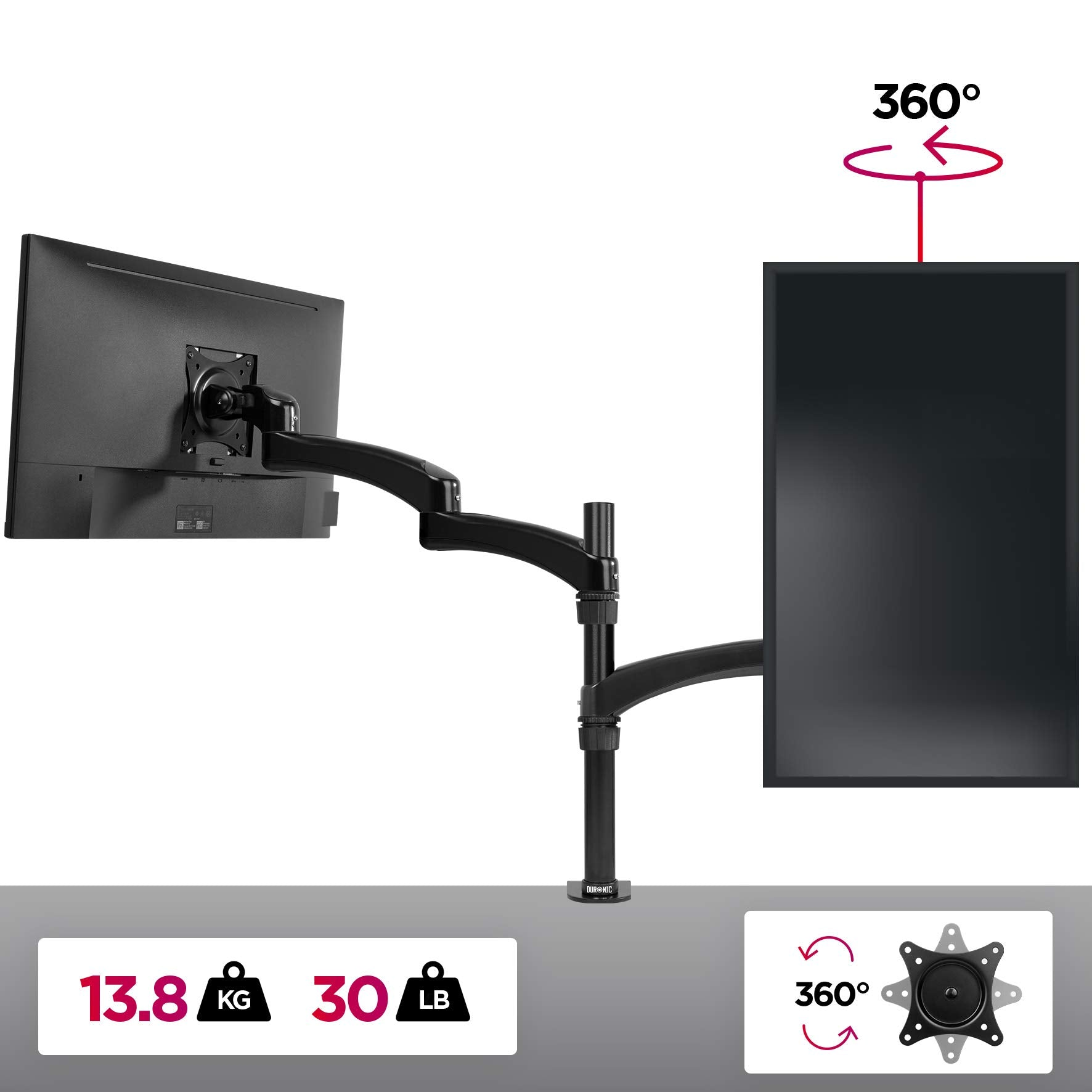 Monitorarm, der einen Monitor hält, mit Gewichts- und Rotationsangaben.