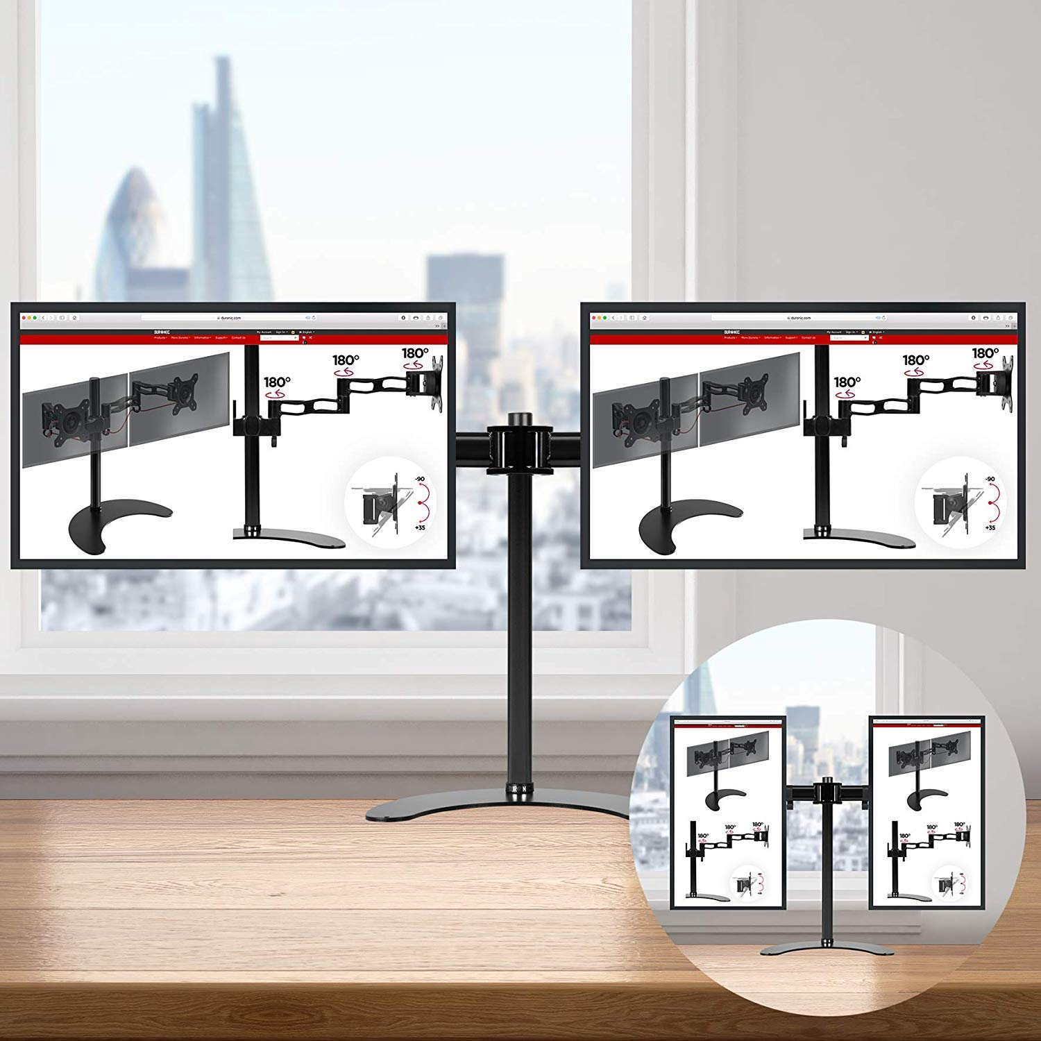 Doppelmonitorständer mit zwei Bildschirmen mit Diagrammen und Skyline im Hintergrund.