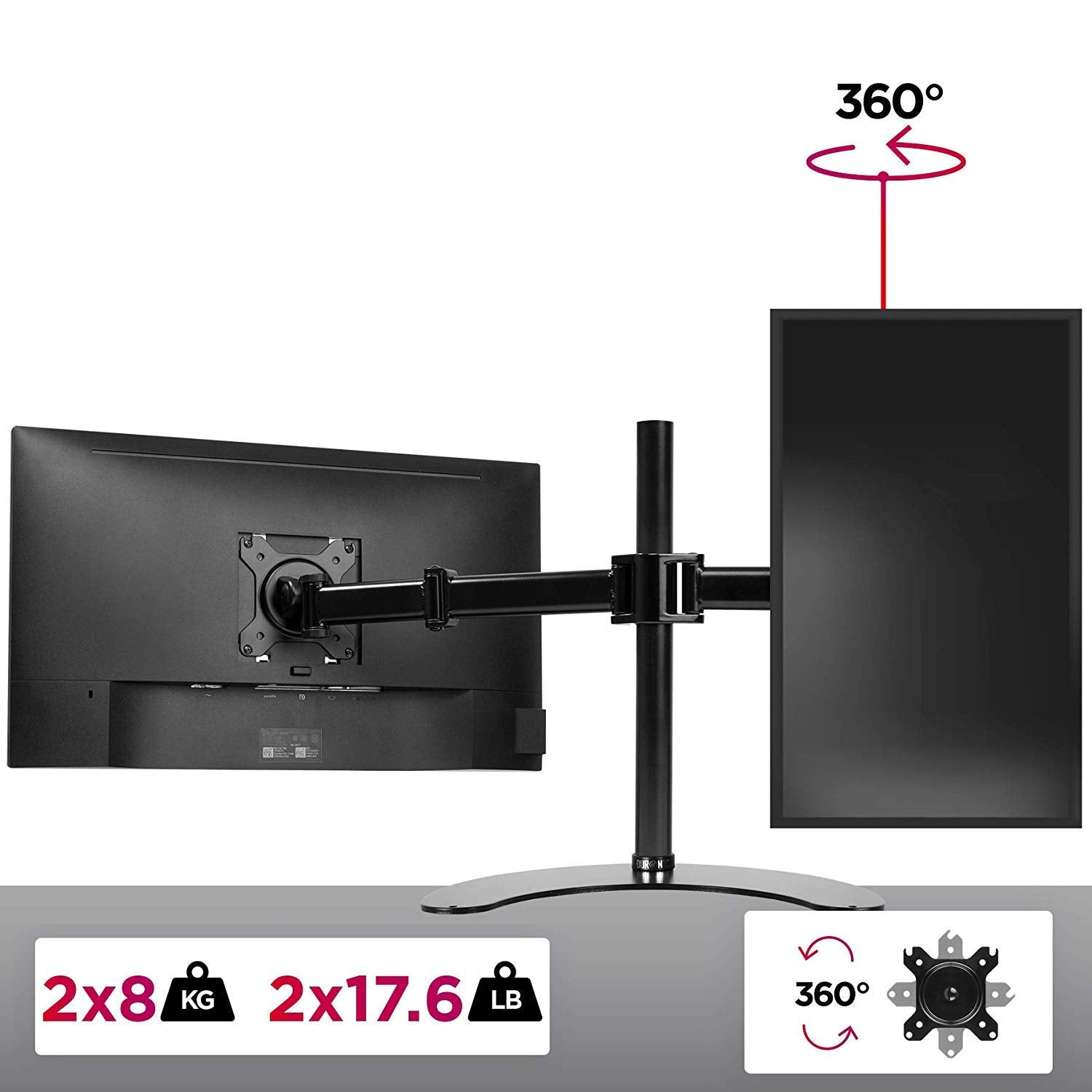 Doppelmonitorständer mit zwei Monitoren, einem Sockel und einer Stange. 360-Grad-Drehung.
