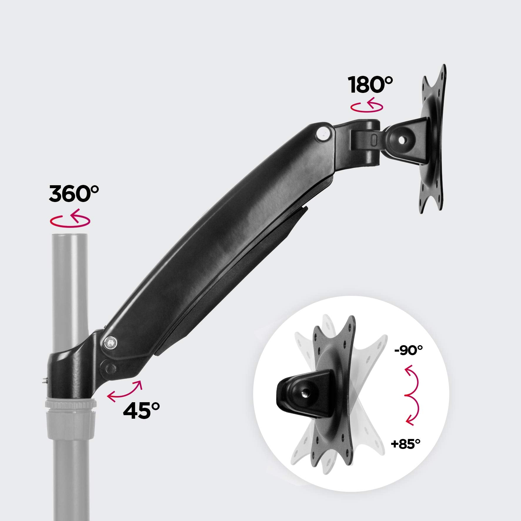 Brazo de monitor negro que muestra ángulos de rotación de 360, 180 y 45 grados.