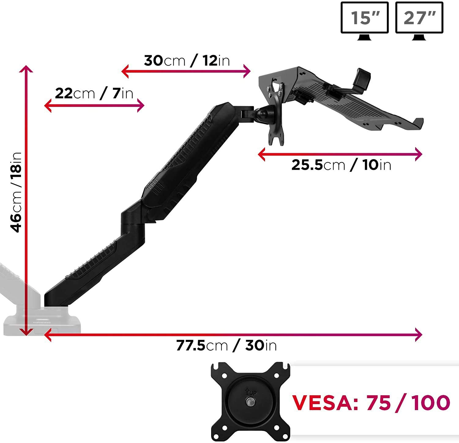 Ein Monitorarm mit angegebenen Abmessungen. Er unterstützt 15"- und 27"-Monitore. VESA: 75/100.