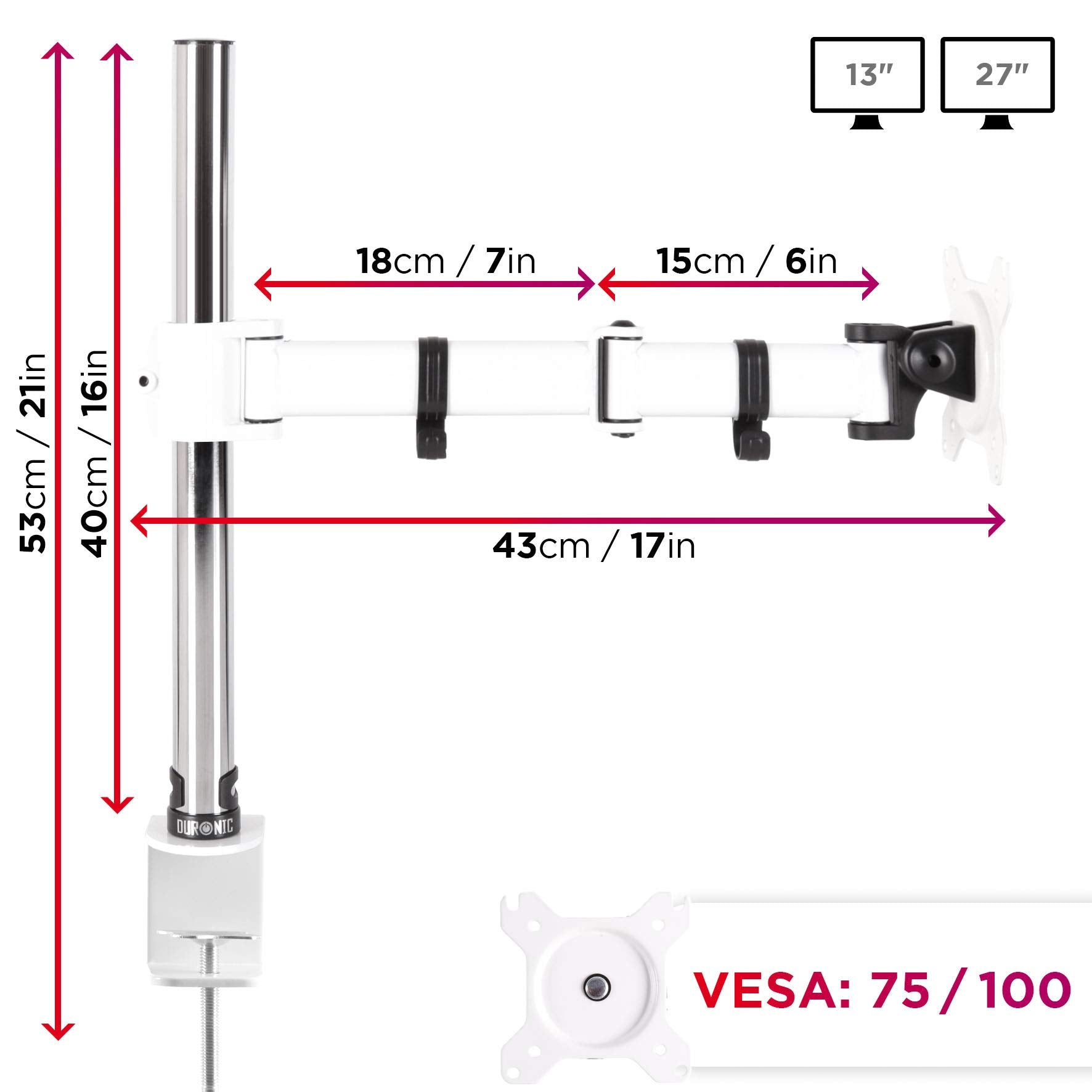 Diagramm eines Monitorarms mit Abmessungen in cm/Zoll und einem VESA-Spezifikationsetikett.
