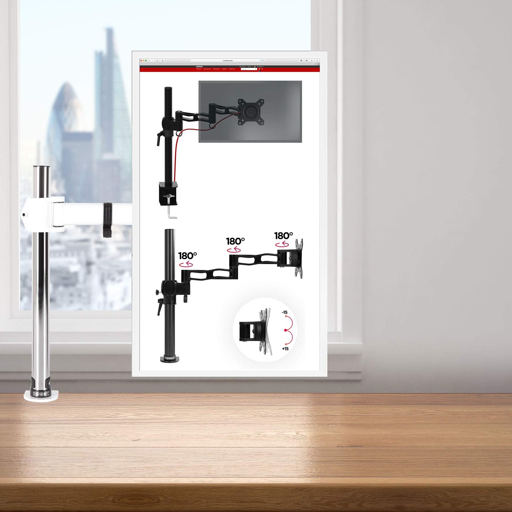 Illustration eines Monitorarms mit Fenster im Hintergrund, zeigt Drehwinkel.