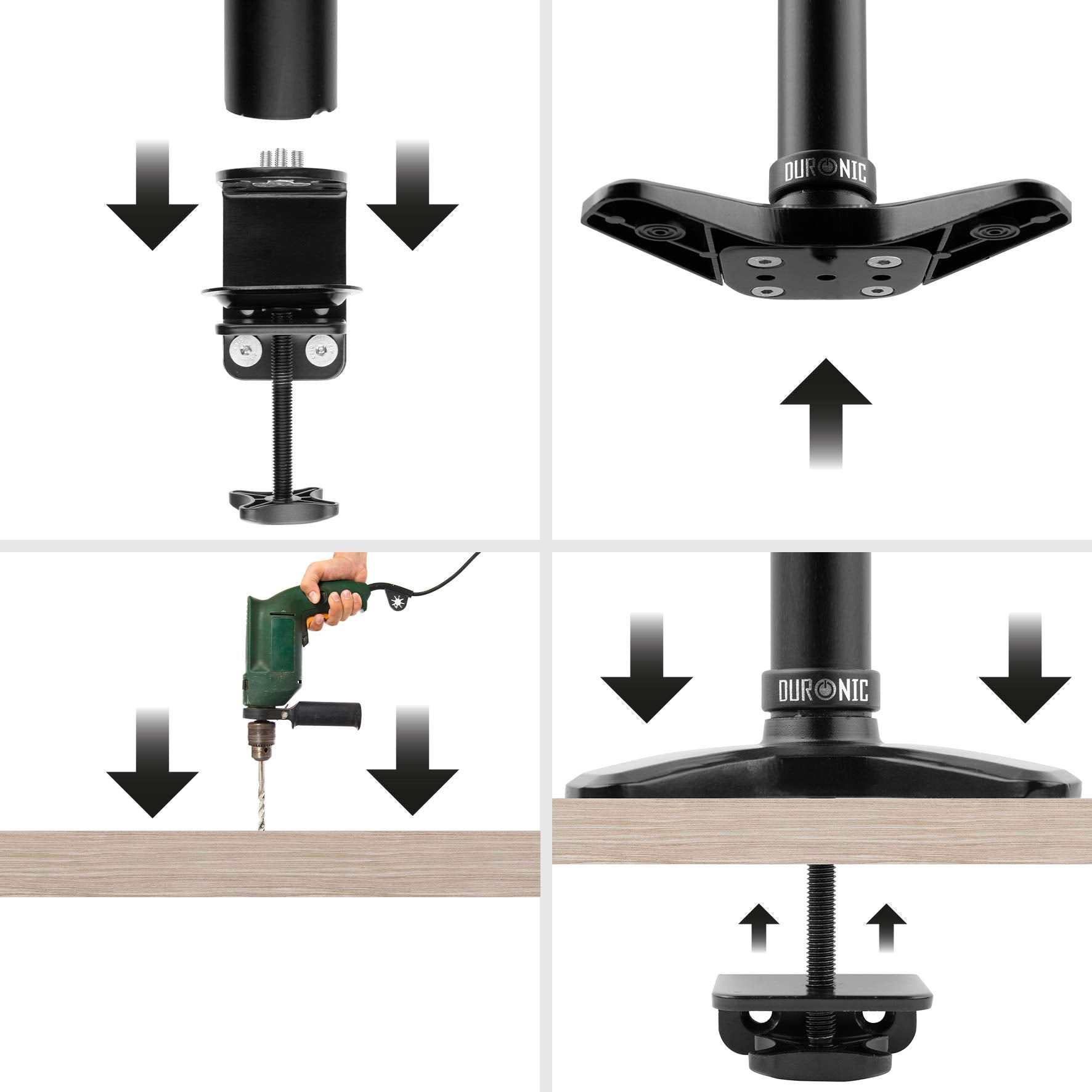 Instrucciones de montaje de un soporte de escritorio. Taladro, tornillos y base. Fondo blanco.