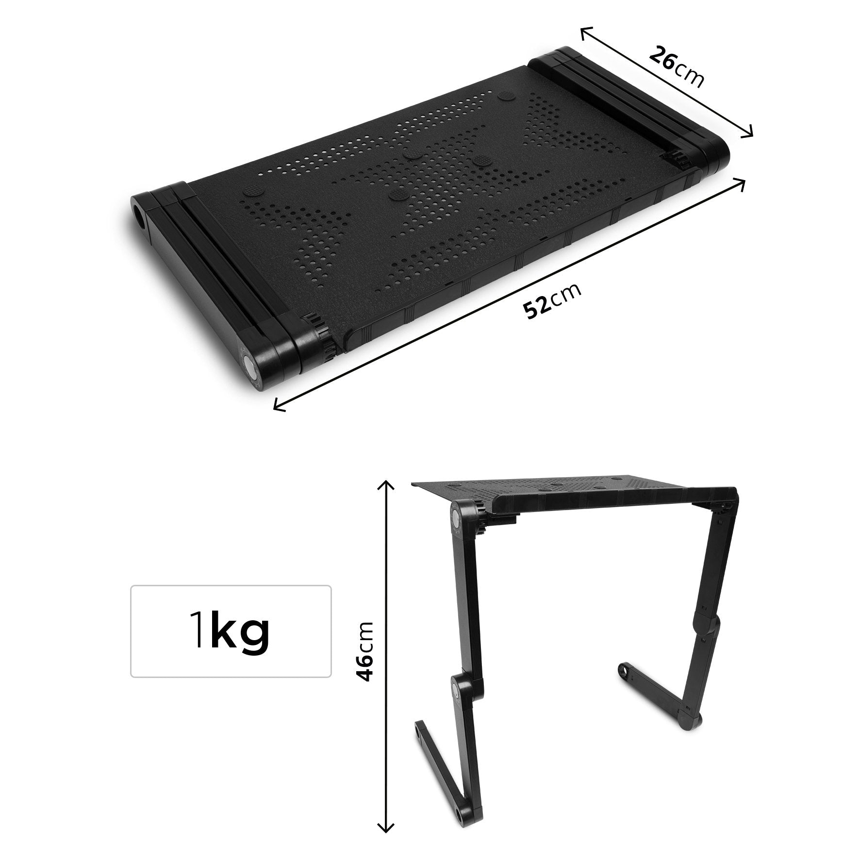 Soporte para portátil negro, altura ajustable. Dimensiones: 26cm x 52cm. Peso: 1kg.