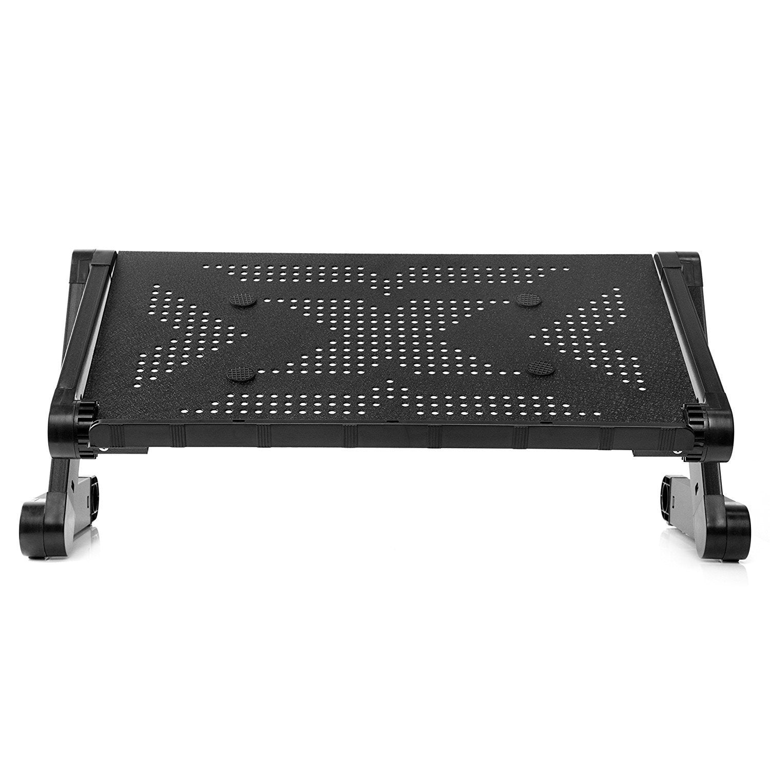 Soporte negro para portátil, ajustable, con orificios de ventilación. Fondo blanco.