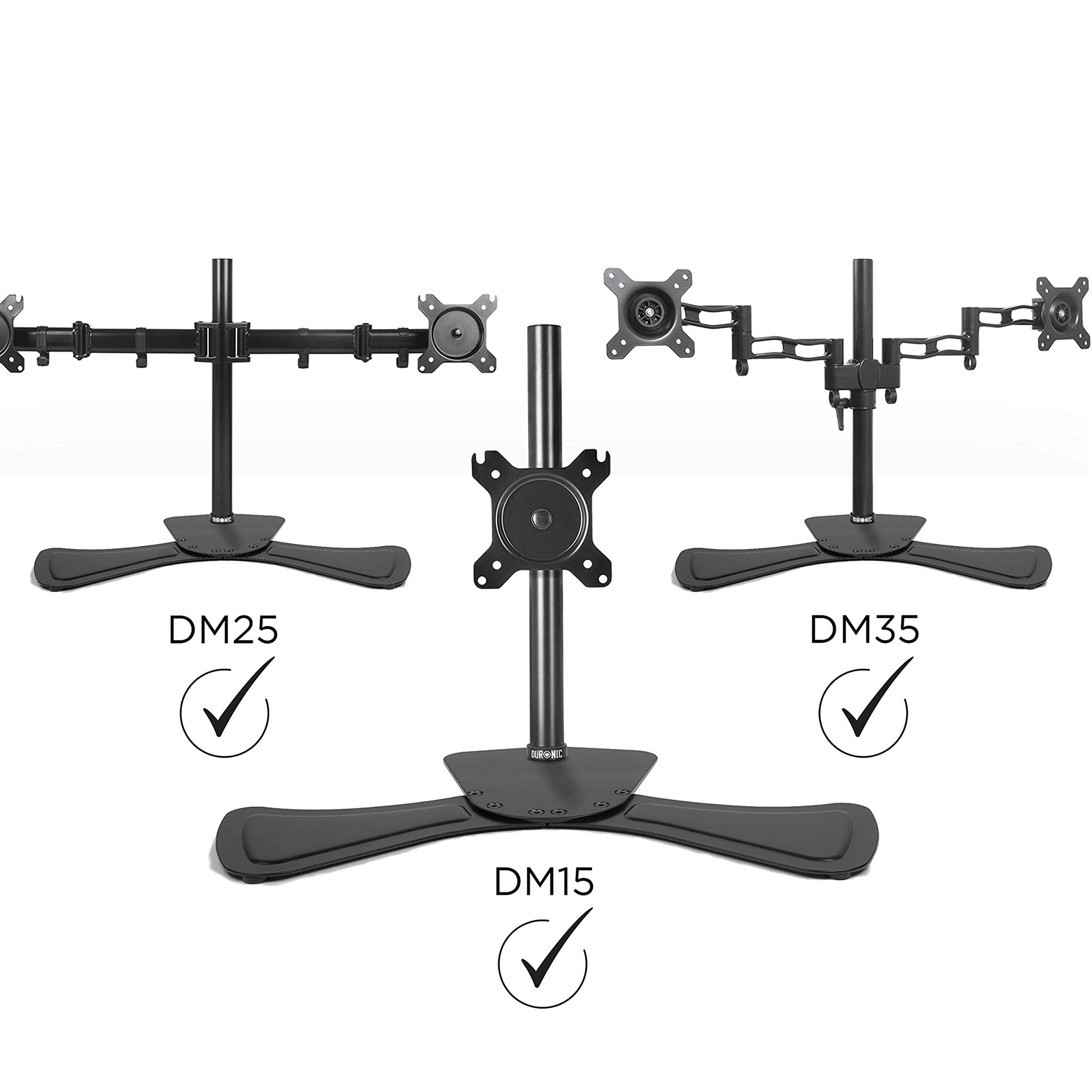 Drei Monitorständer, beschriftet mit DM25, DM35 und DM15, mit Häkchen.