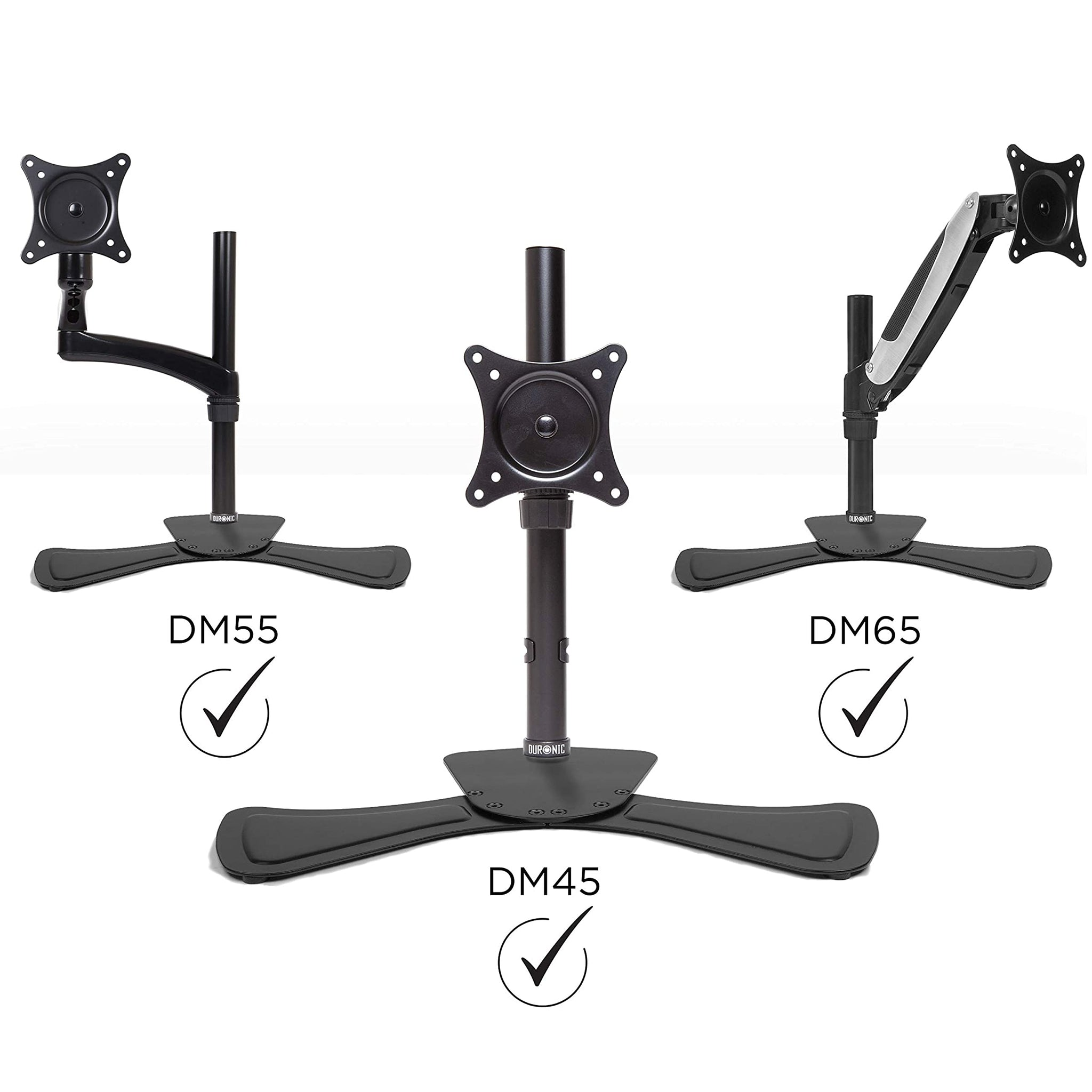 Drei Monitorständer. DM5, DM45 und DM65. Jeder hat ein Häkchen darunter.