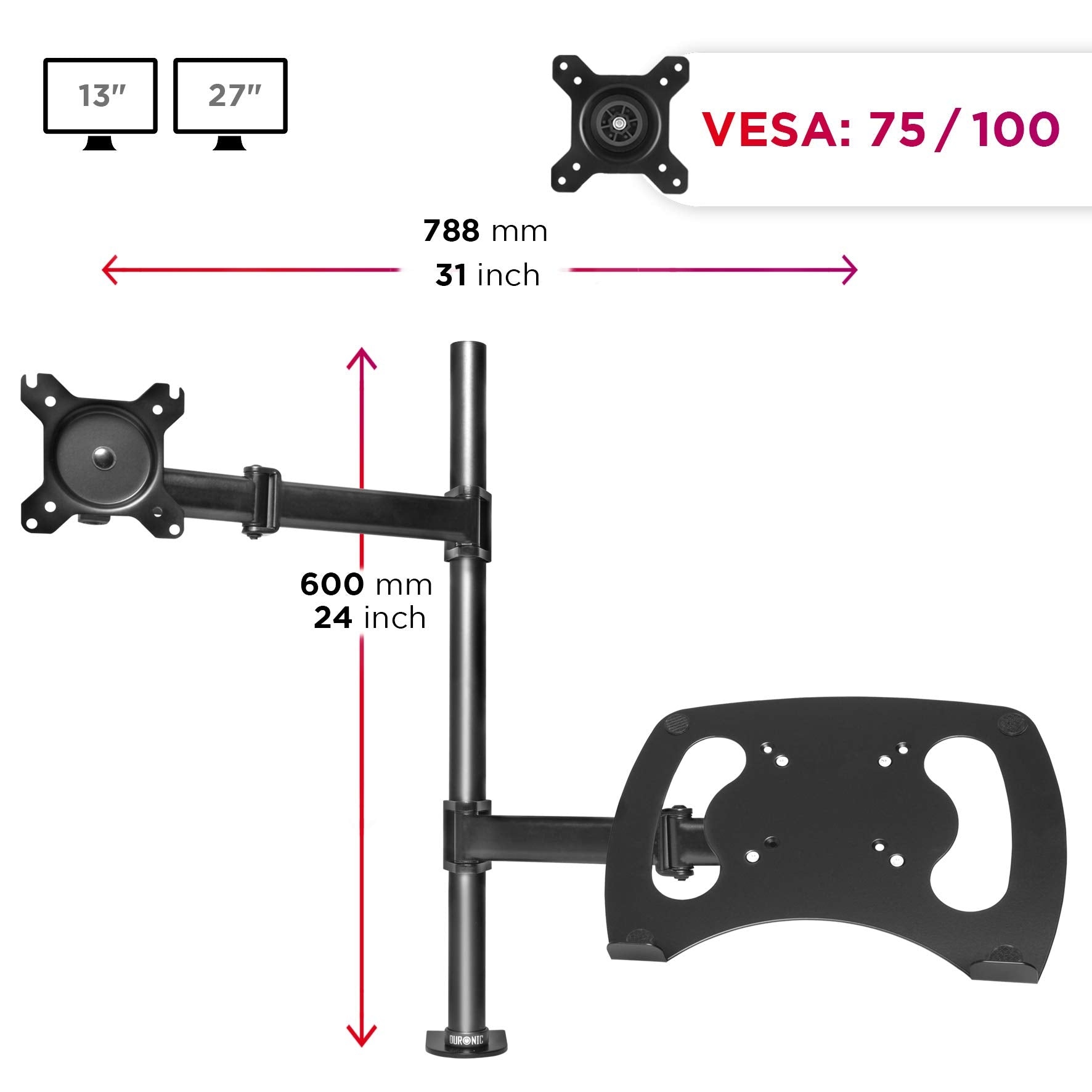 Soporte de escritorio negro con brazos para monitor y una bandeja, con dimensiones y especificaciones VESA.