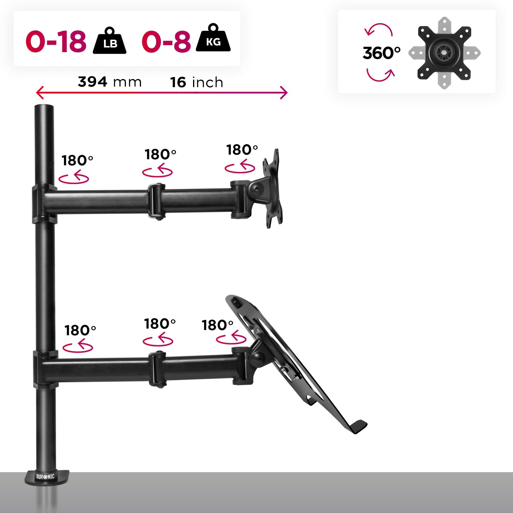 Brazos de monitor negros, giratorios hasta 180 grados, soportan 0-18 lb y 0-8 kg. La extensión es de 394 mm o 16 pulgadas.