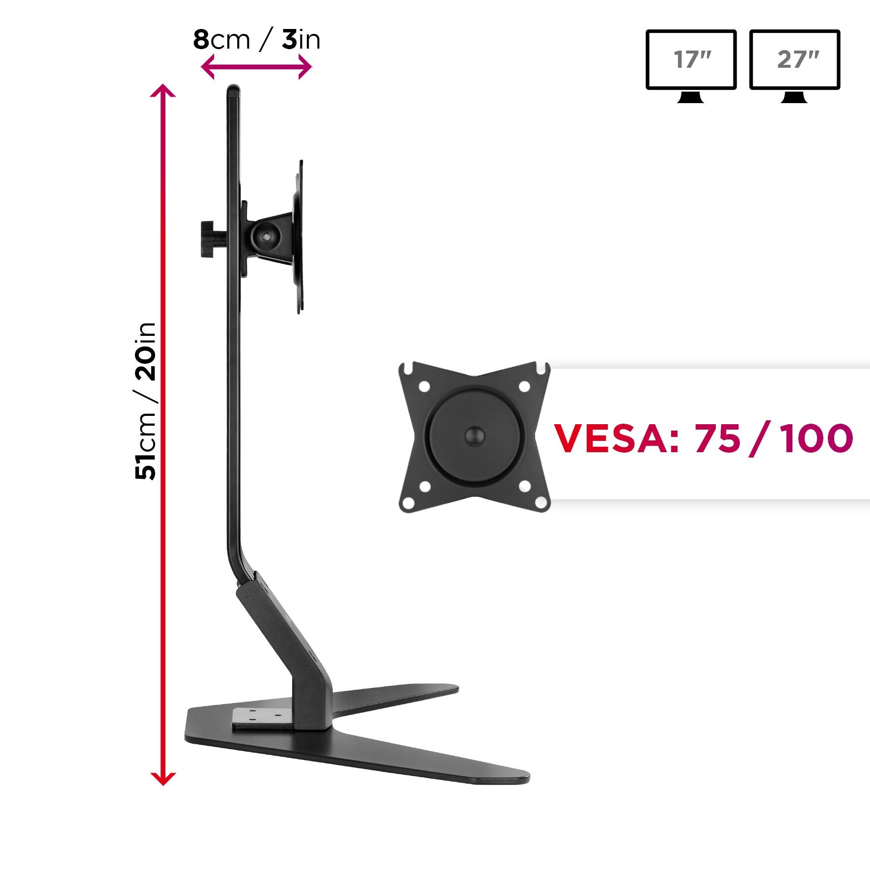 Schwarzer Monitorständer mit Maßen. VESA 75/100. Unterstützt 17" und 27" Monitore.