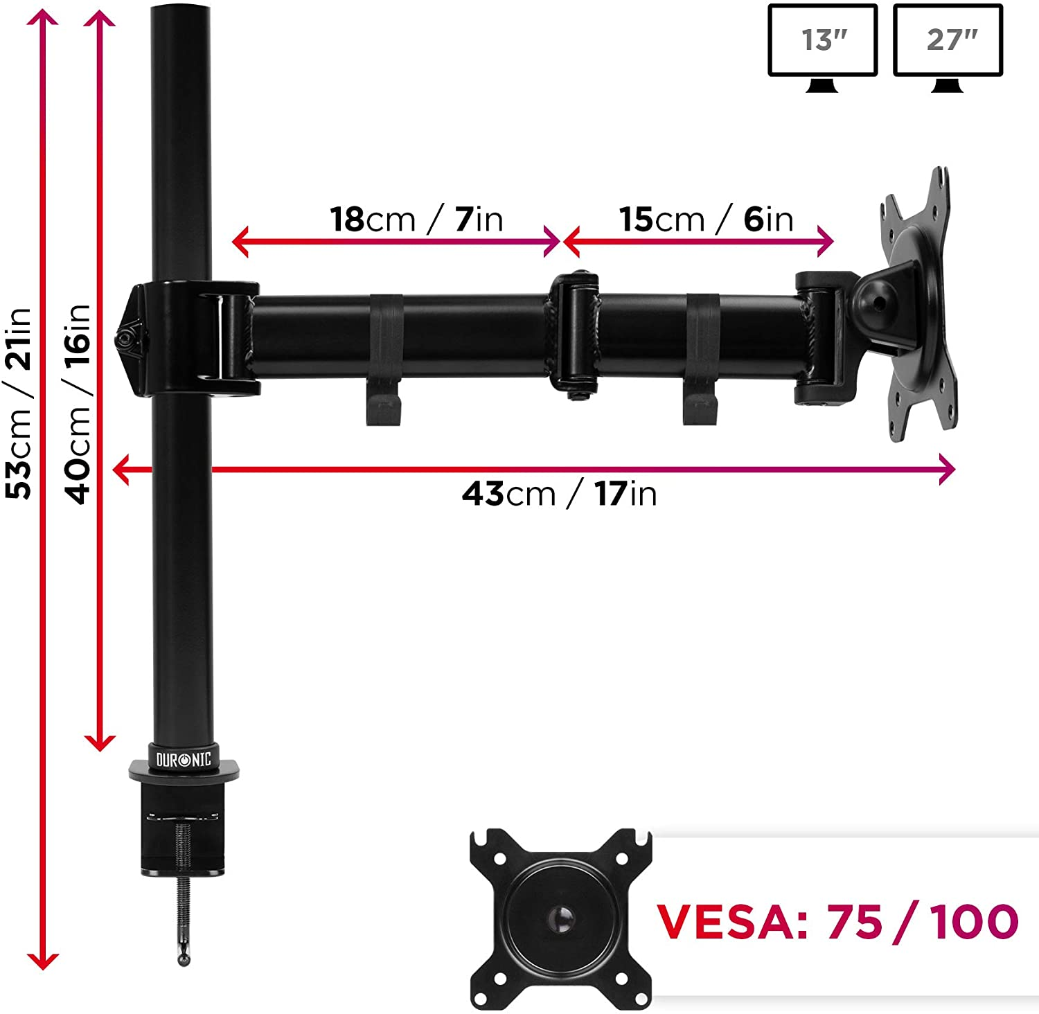 Schwarze Monitorhalterung mit Maßen und einem VESA-Diagramm. Es ist für 13- und 27-Zoll-Monitore.