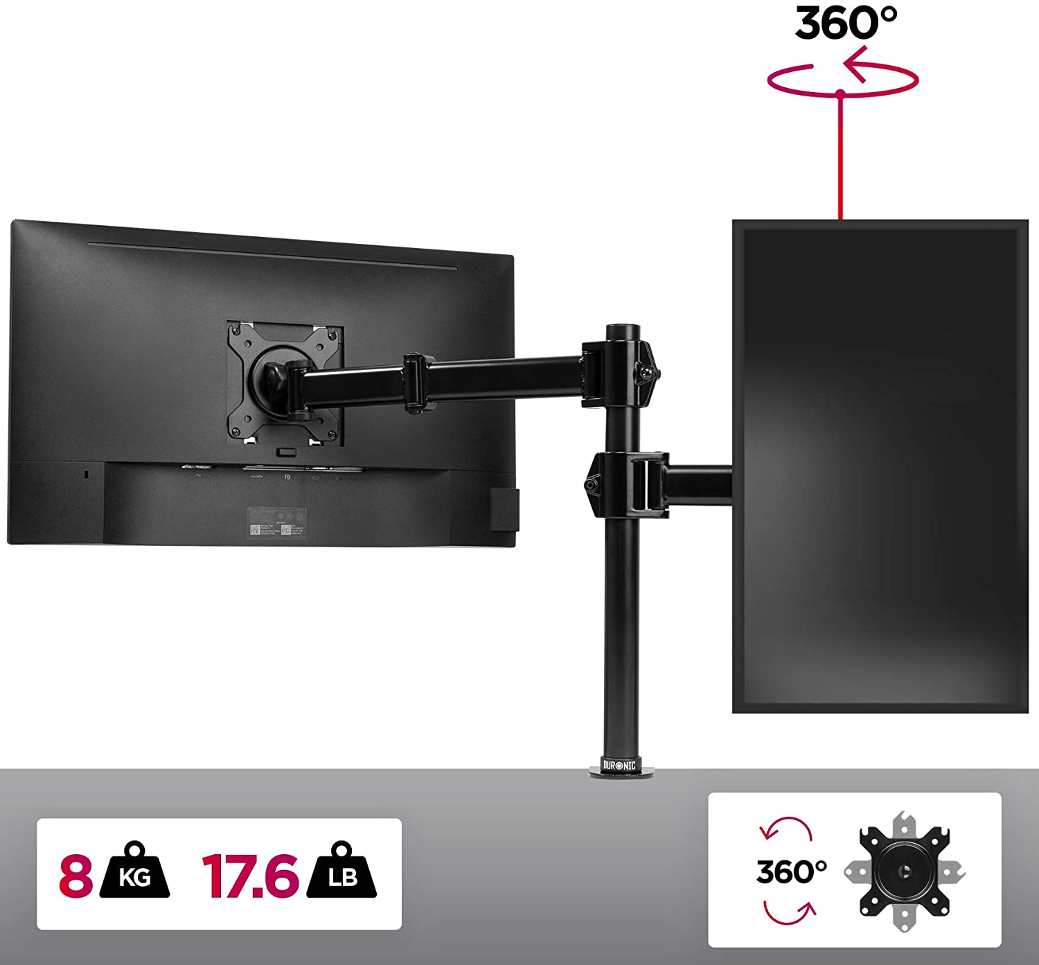 Doppel-Monitorständer mit zwei Bildschirmen, einer im Quer-, der andere im Hochformat.