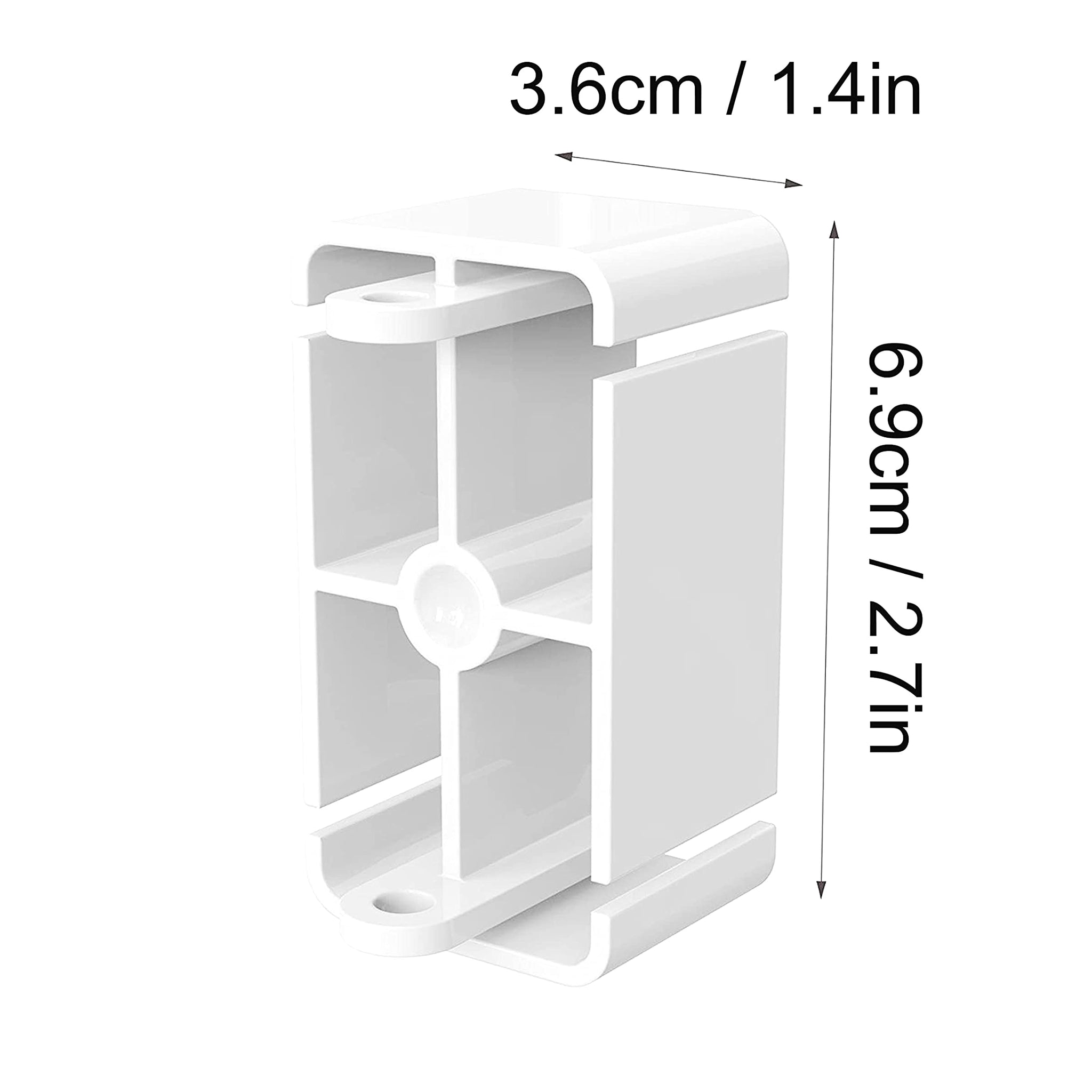 Espaciador de plástico blanco. Las dimensiones son 3,6 cm por 6,9 cm. El espaciador tiene varios agujeros.