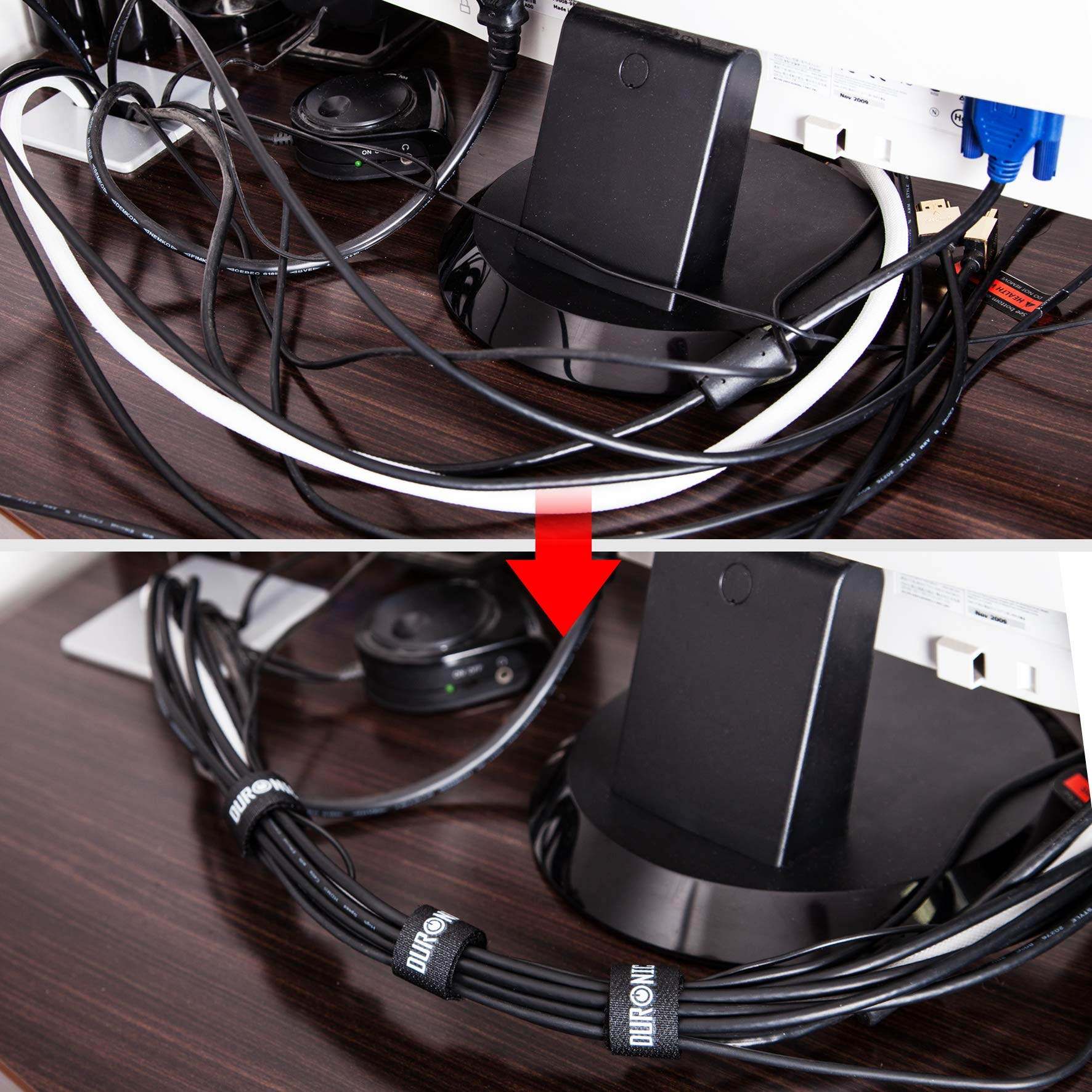Imagen del antes y el después de la organización de cables. Cables desordenados antes, cables organizados después de usar bridas.
