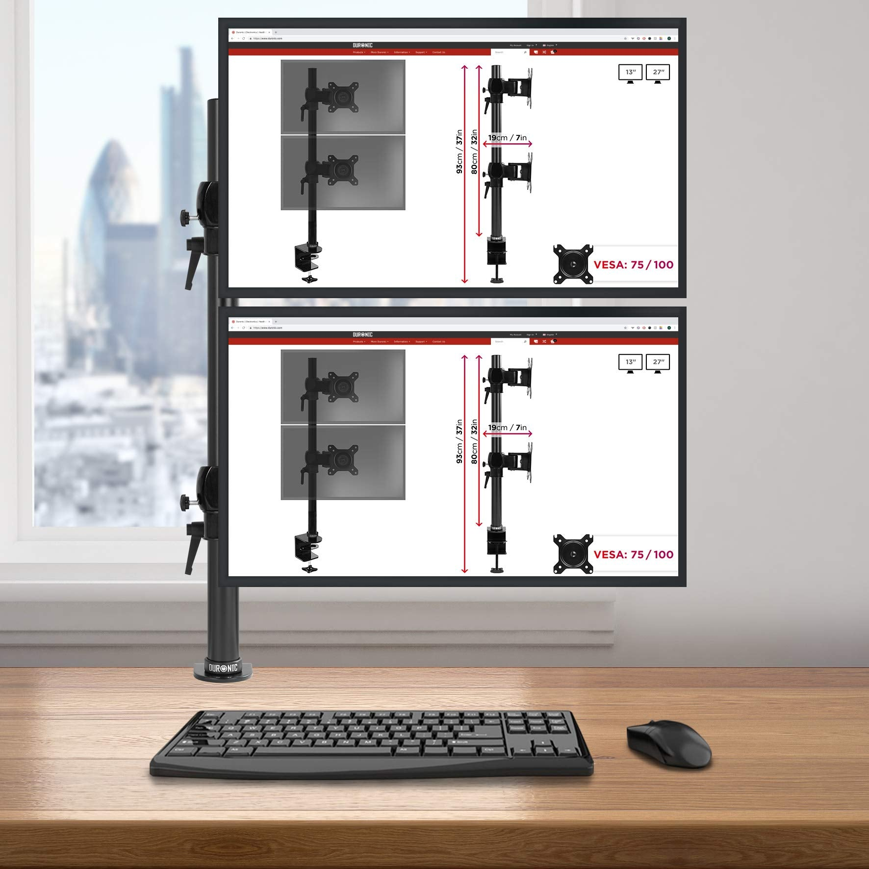 Zwei Computermonitore auf einem Ständer, mit Tastatur und Maus.