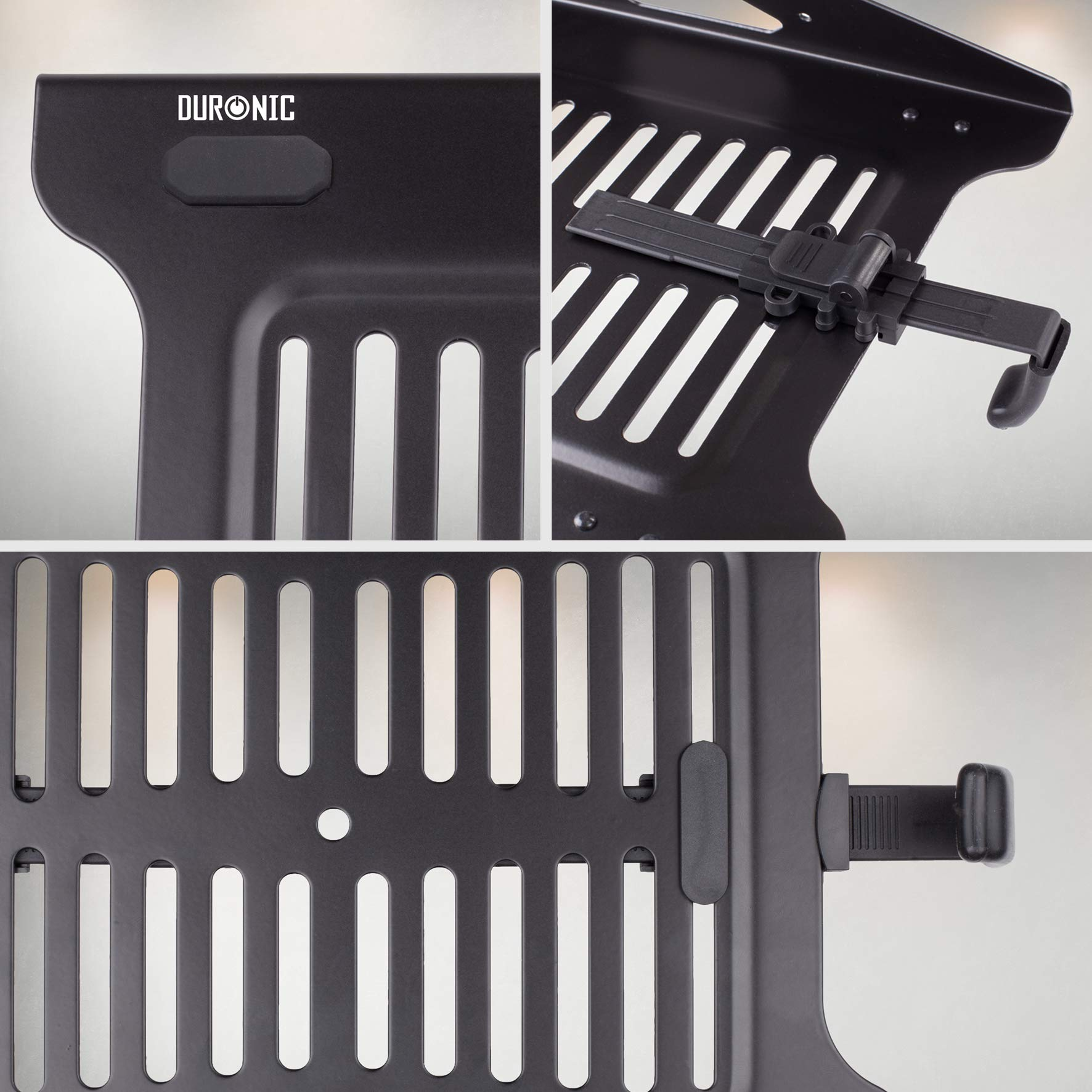 Schwarzer Metallgrill, Nahaufnahme. Zeigt Details des Metallrahmens mit einigen Anbauteilen.