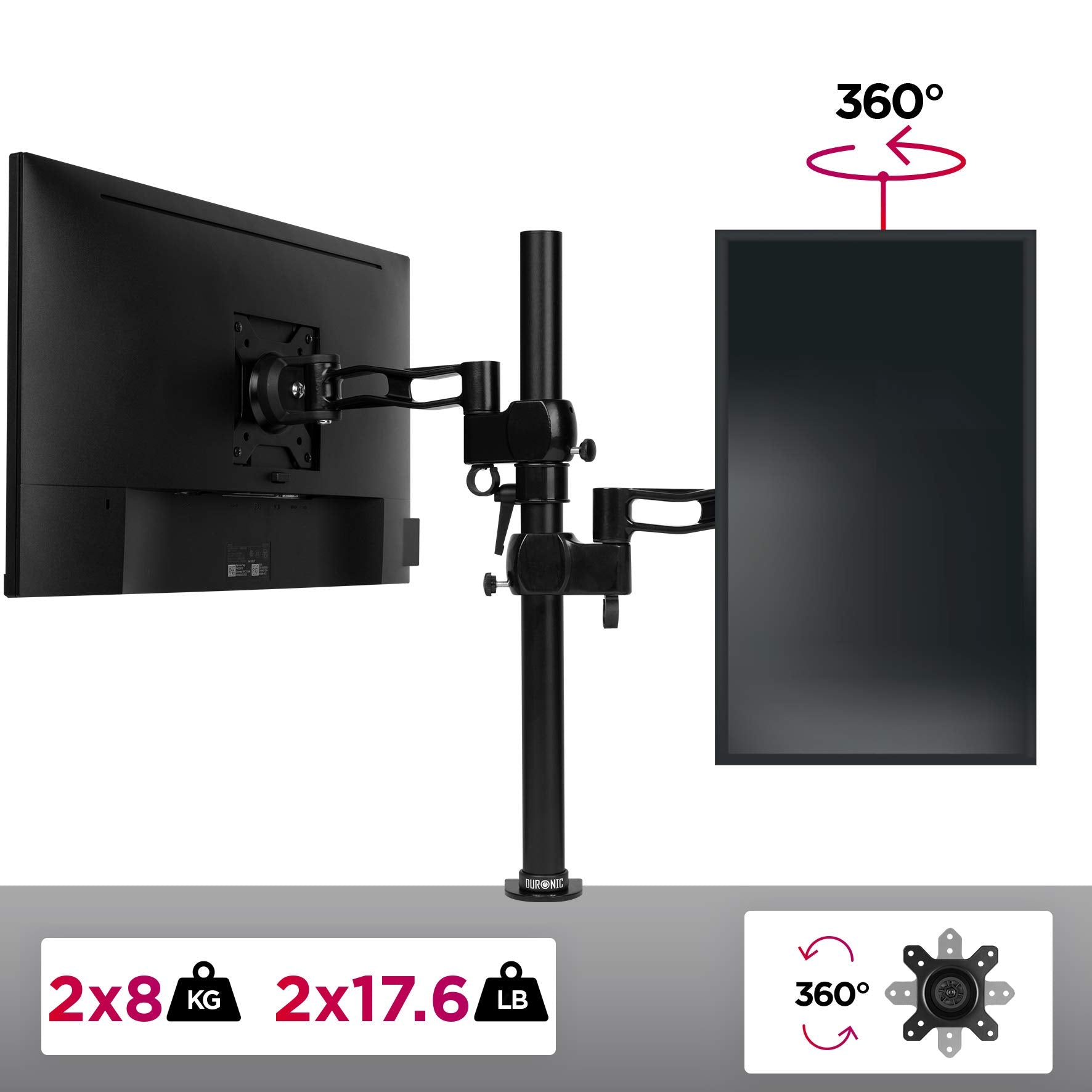 Doppelmonitorständer. Zwei Monitore sind angebracht. Schwarzer Ständer mit weißem Hintergrund.