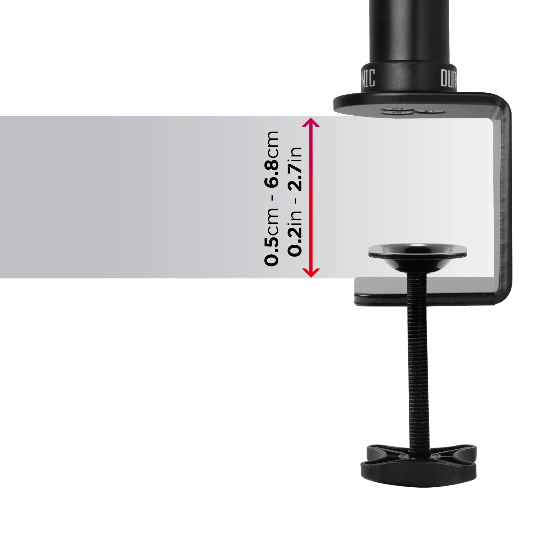 Schwarze Monitorarm-Klemme mit schwarzer Schraube und weißem Hintergrund. Text: 0,5 cm - 6,8 cm, 0,2 Zoll - 2,7 Zoll.