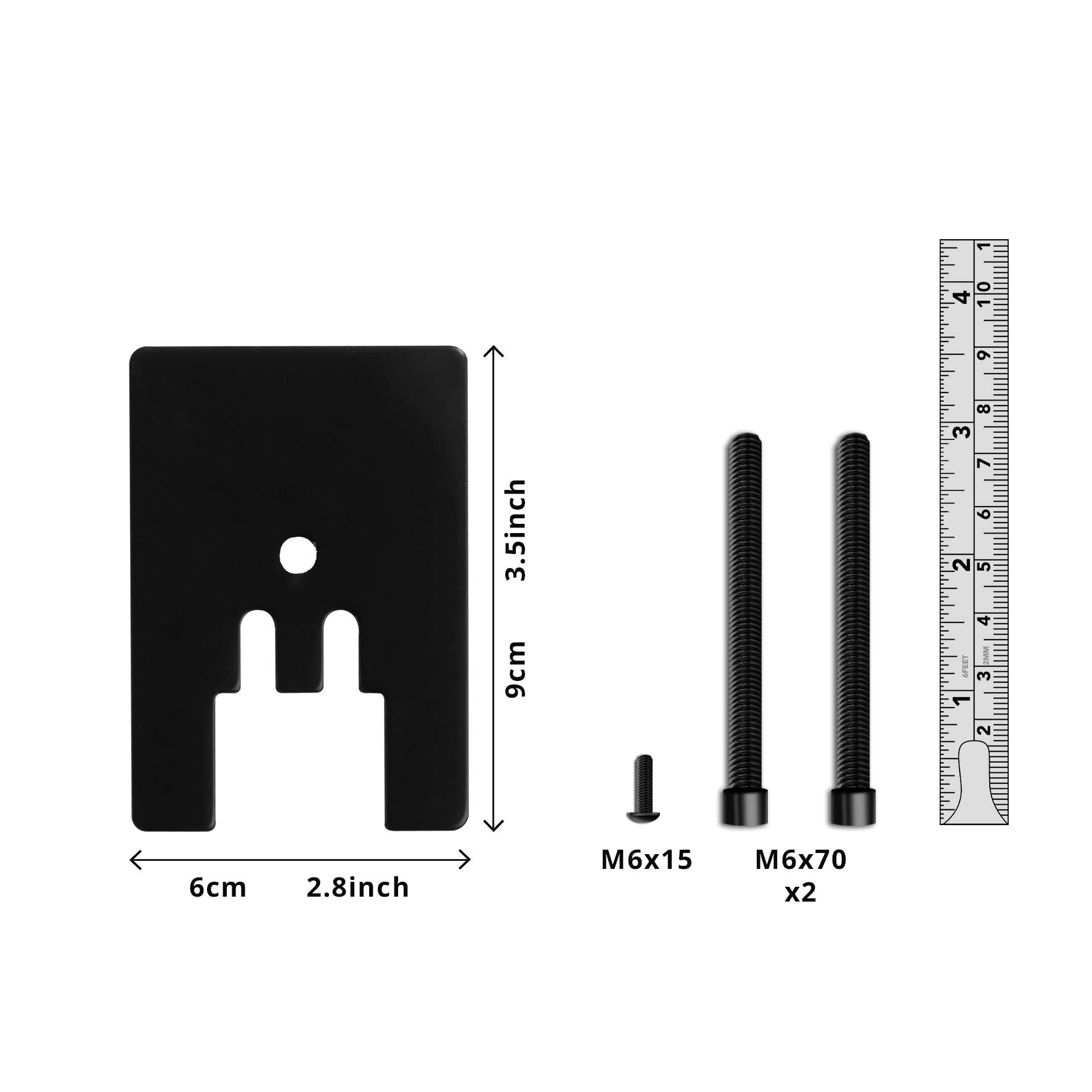 Placa de montaje VESA negra, con dimensiones y tornillos. Mide 9x6cm e incluye tornillos M6x15, M6x70x2.