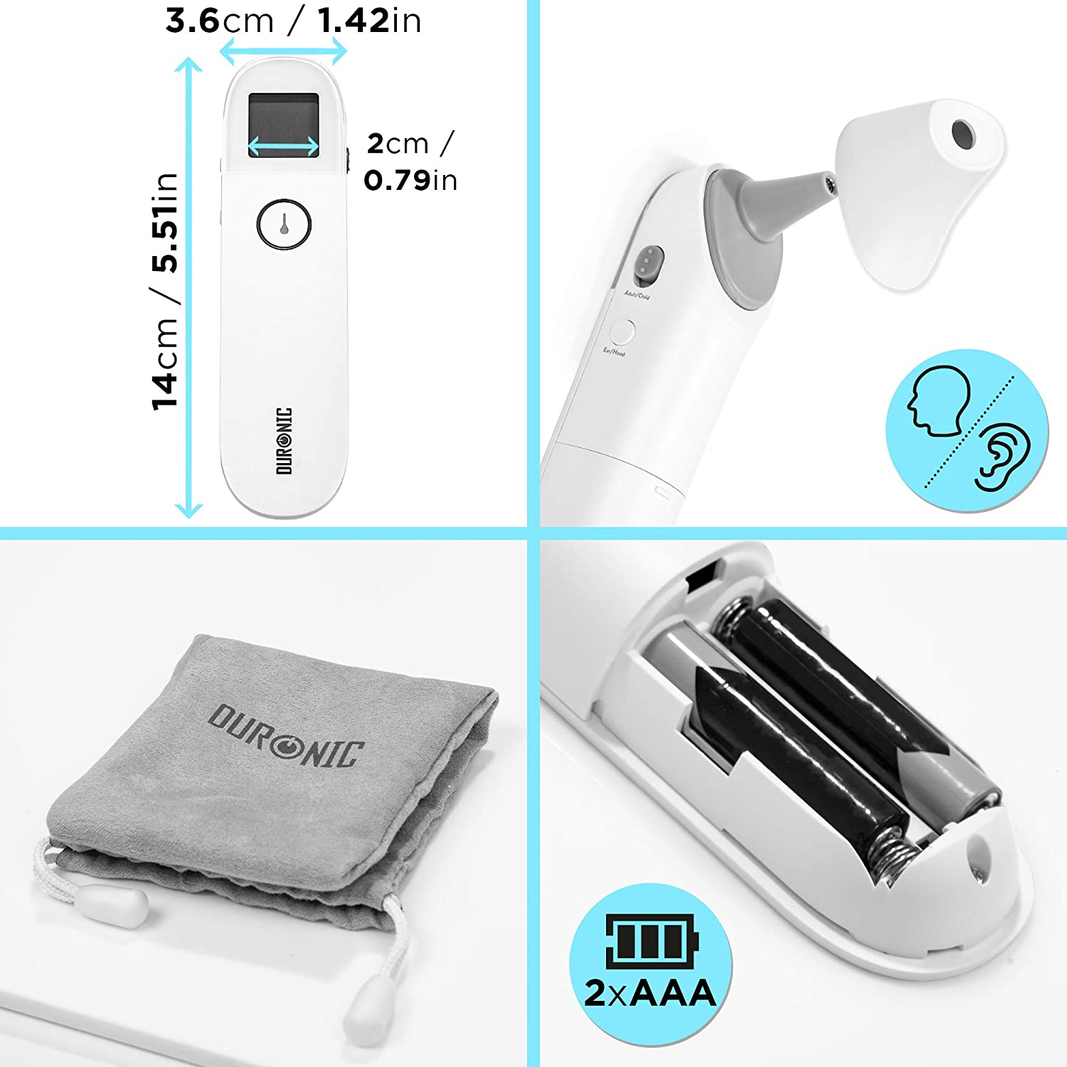 Mehrere Bilder eines digitalen Thermometers und Zubehörs mit Messungen.