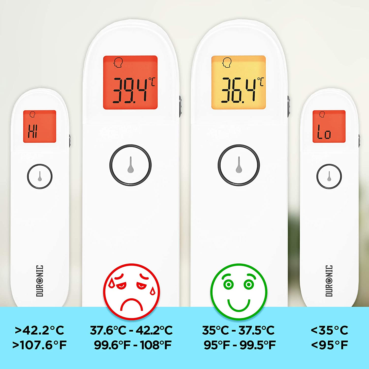 Vier Thermometer. Der Bildschirm zeigt die Temperaturen an und zeigt auch Gesichts-Symbole.