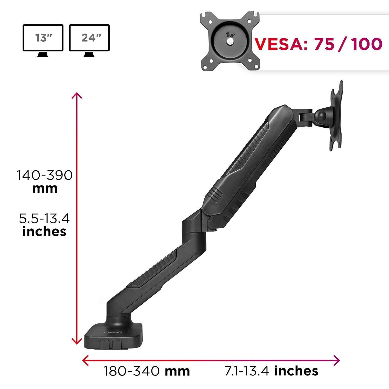 Brazo de monitor negro con dimensiones mostradas sobre fondo blanco.