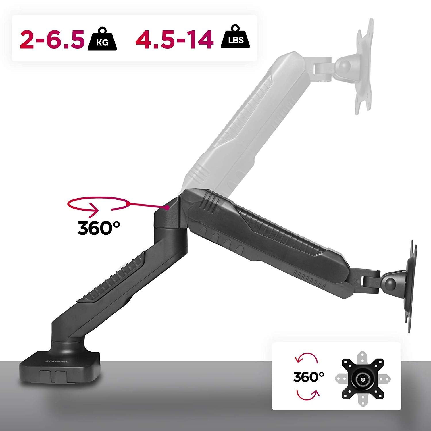 Un brazo de monitor negro, con indicadores de rotación y límites de peso sobre un fondo blanco.