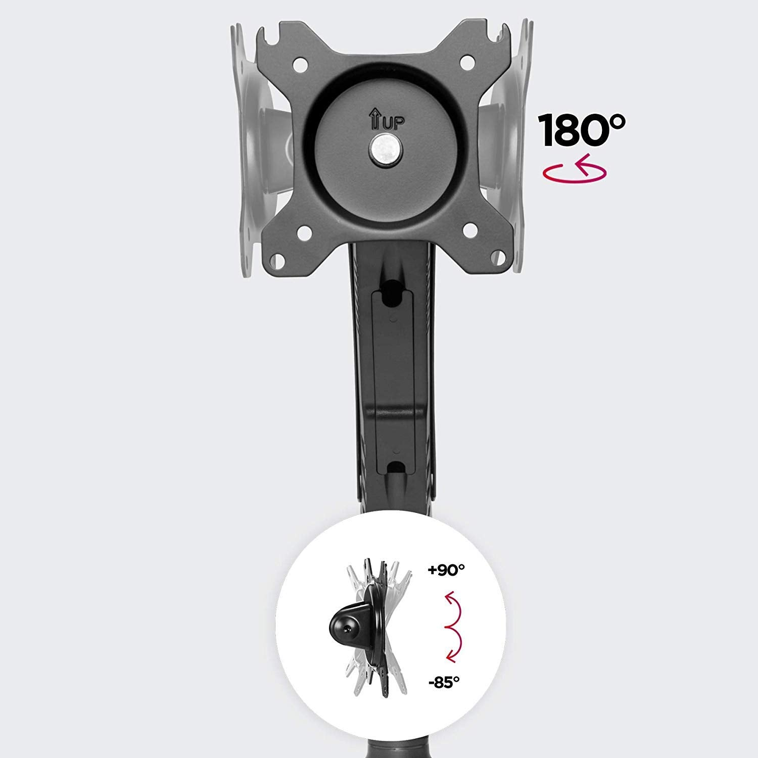 Un brazo para monitor con indicadores de rotación que muestran movimiento de +90° y -85°, y rotación de 180°.