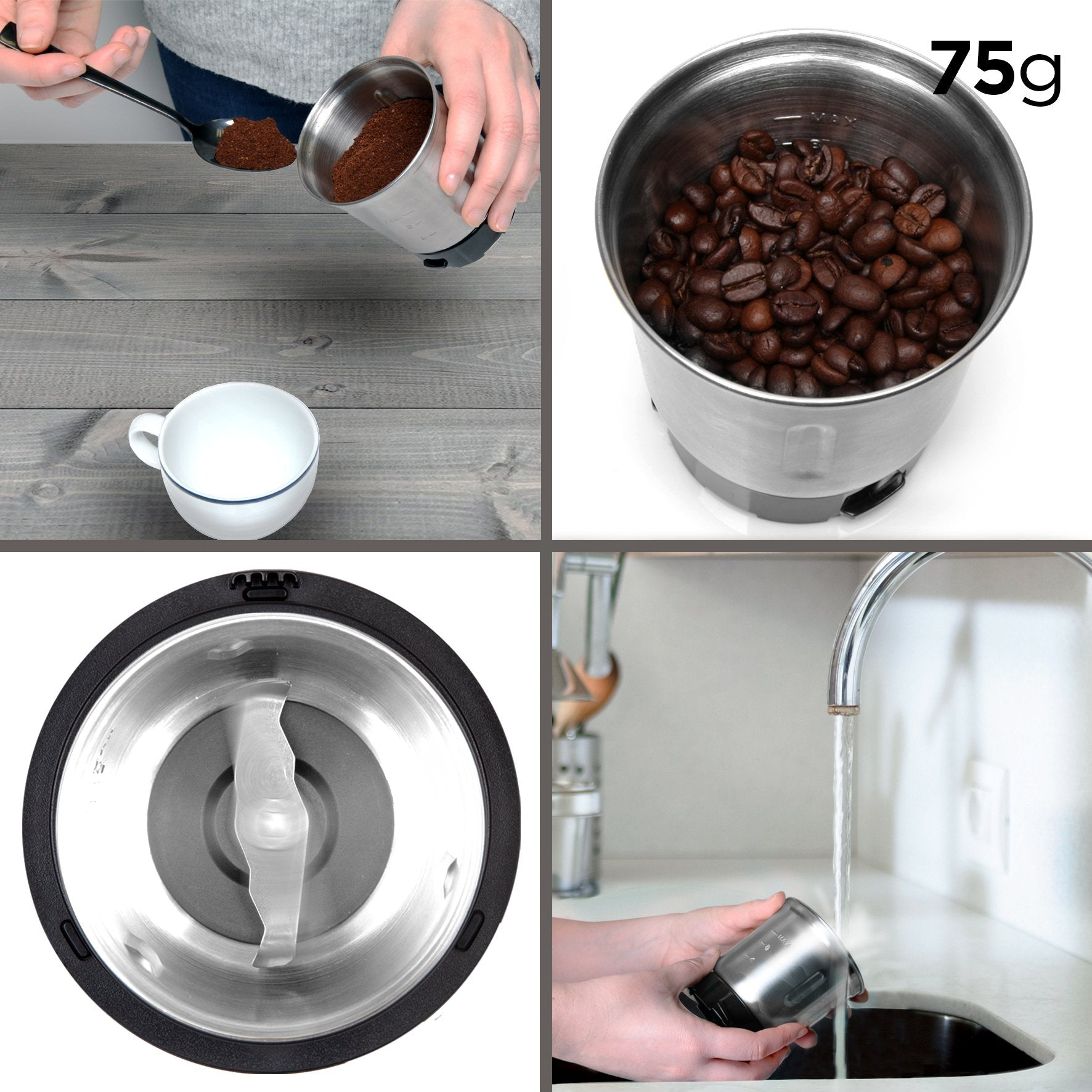 Vier Bilder zeigen die Kaffeezubereitung: Kaffeepulver gießen, Bohnen im Mahlwerk, Mahlwerkklingen und das Waschen des Mahlwerks unter einem Wasserhahn.