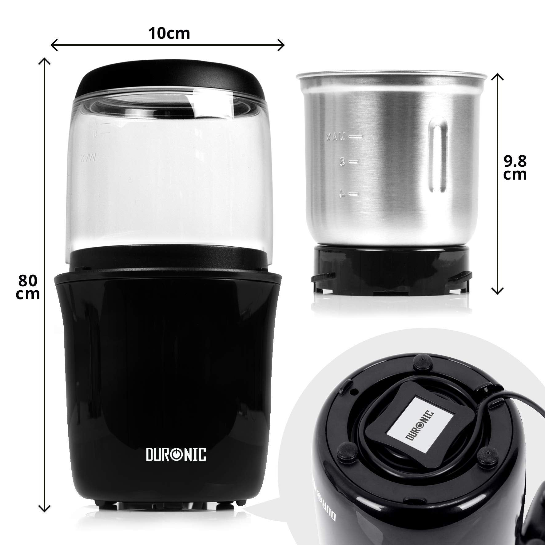 Eine schwarze und silberne Kaffeemühle mit Maßen. Der Markenname ist DURONIC.