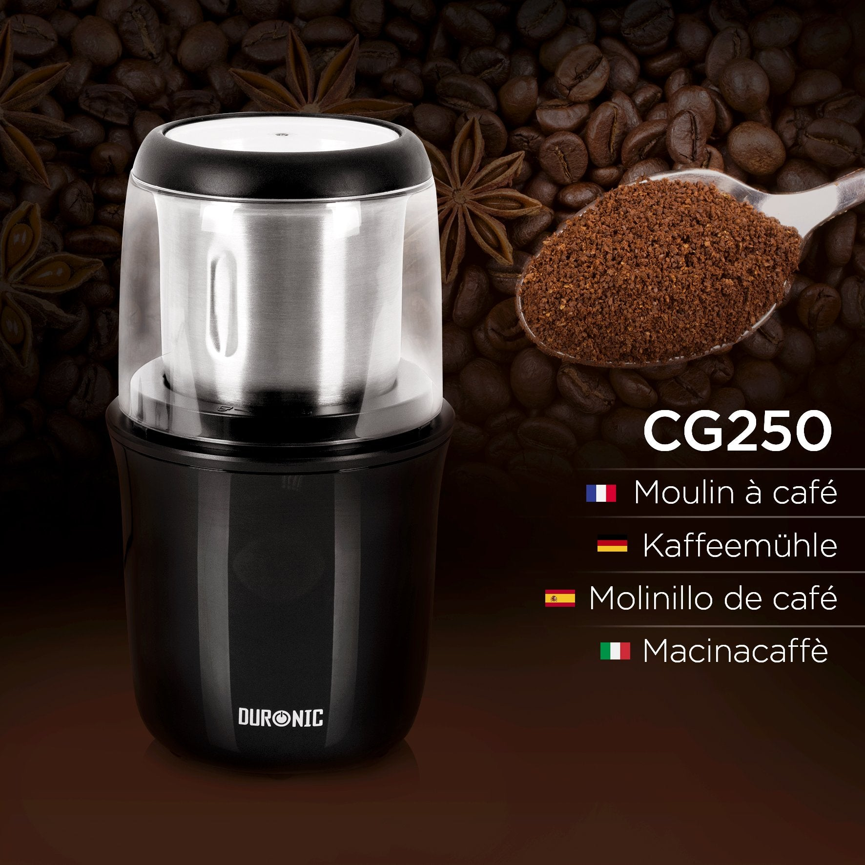 Kaffeemühle mit Kaffeebohnen im Hintergrund. Löffel mit gemahlenem Kaffee. Text: CG250, plus Übersetzungen.