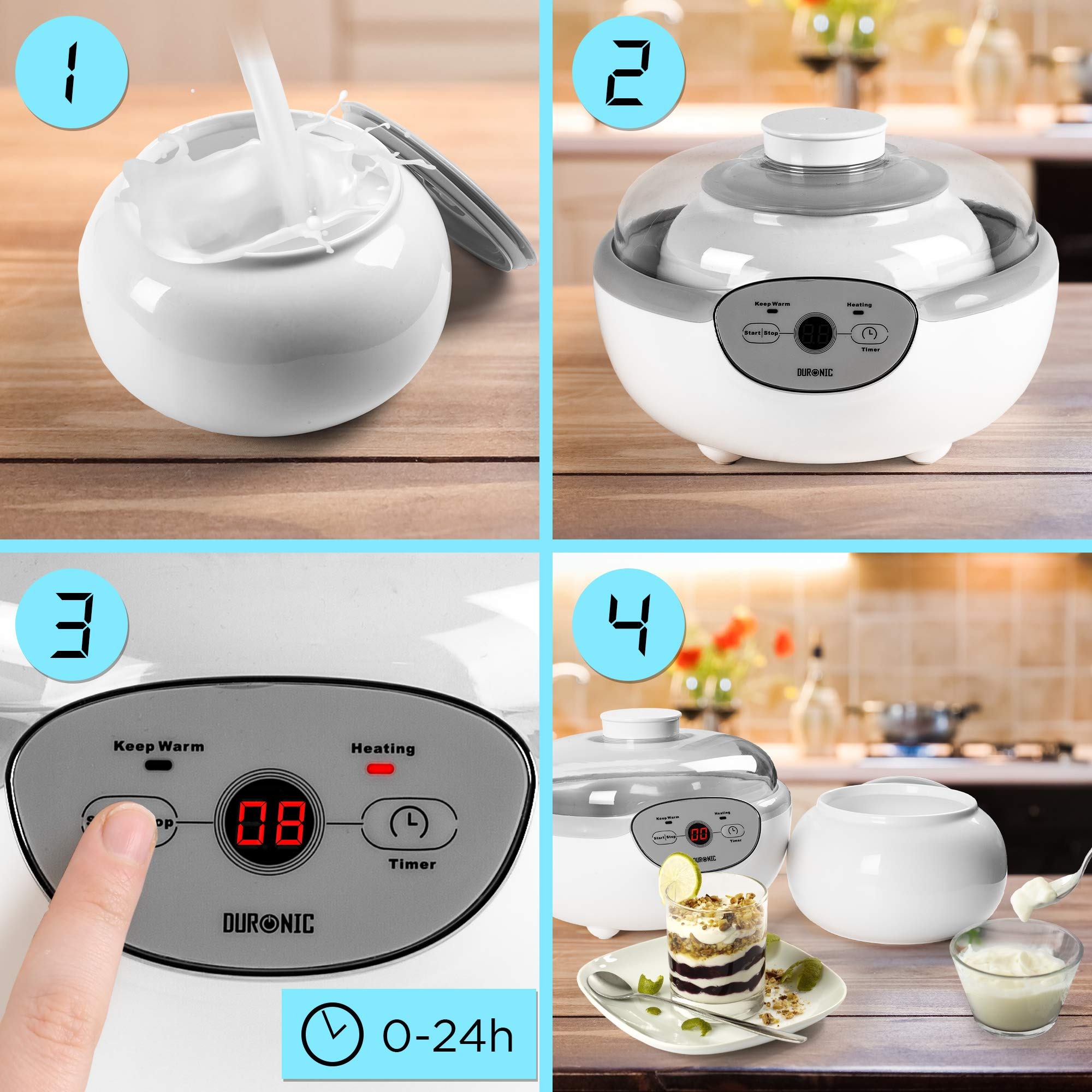 Vier Bilder, die einen Joghurtbereiter zeigen. Sie zeigen das Eingießen von Flüssigkeit, das Gerät, einen Timer und Joghurt mit Früchten.