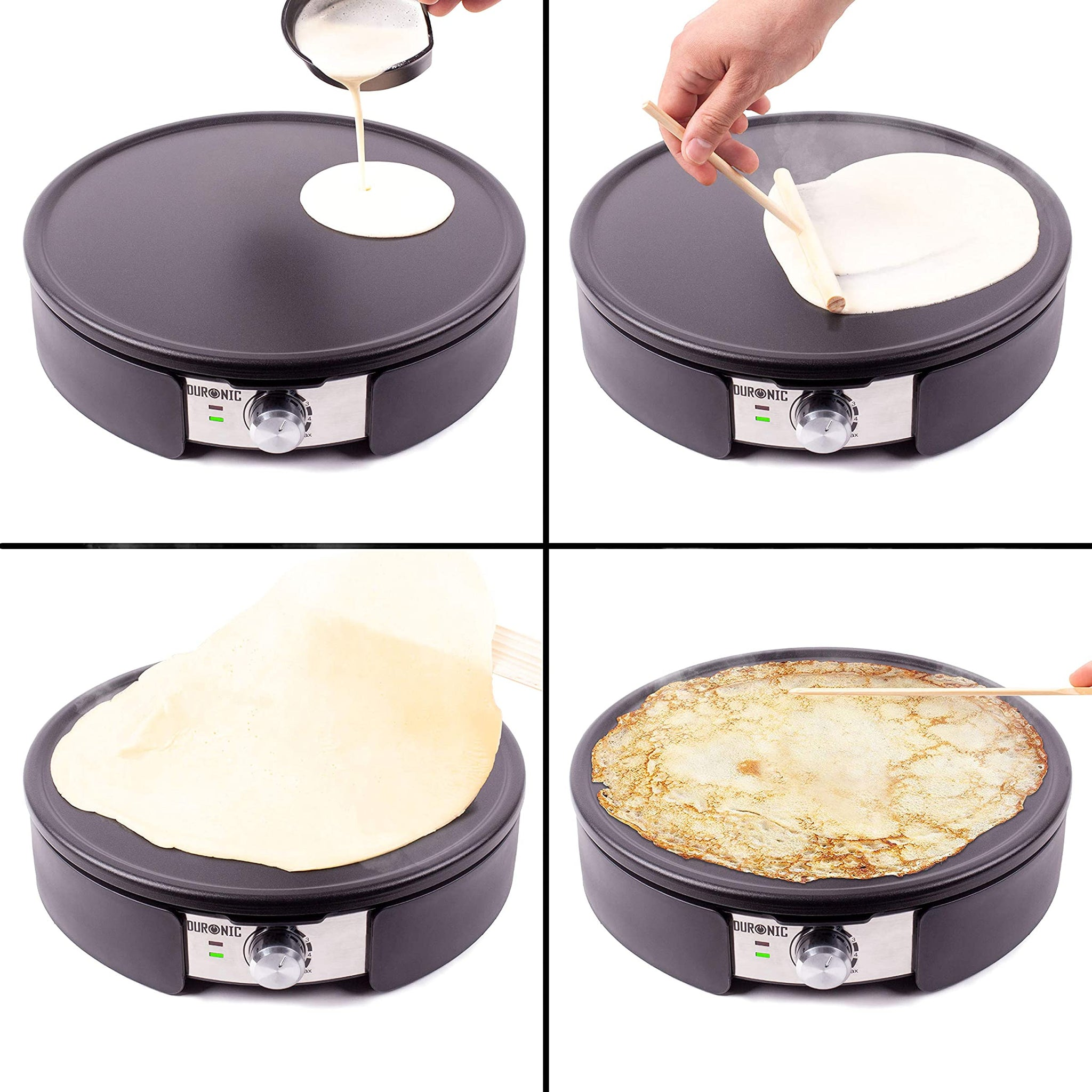 Ein schwarzer Crêpe-Maker, bei dem Teig gegossen, verteilt und gekocht wird. Vier Bilder zeigen den Vorgang.