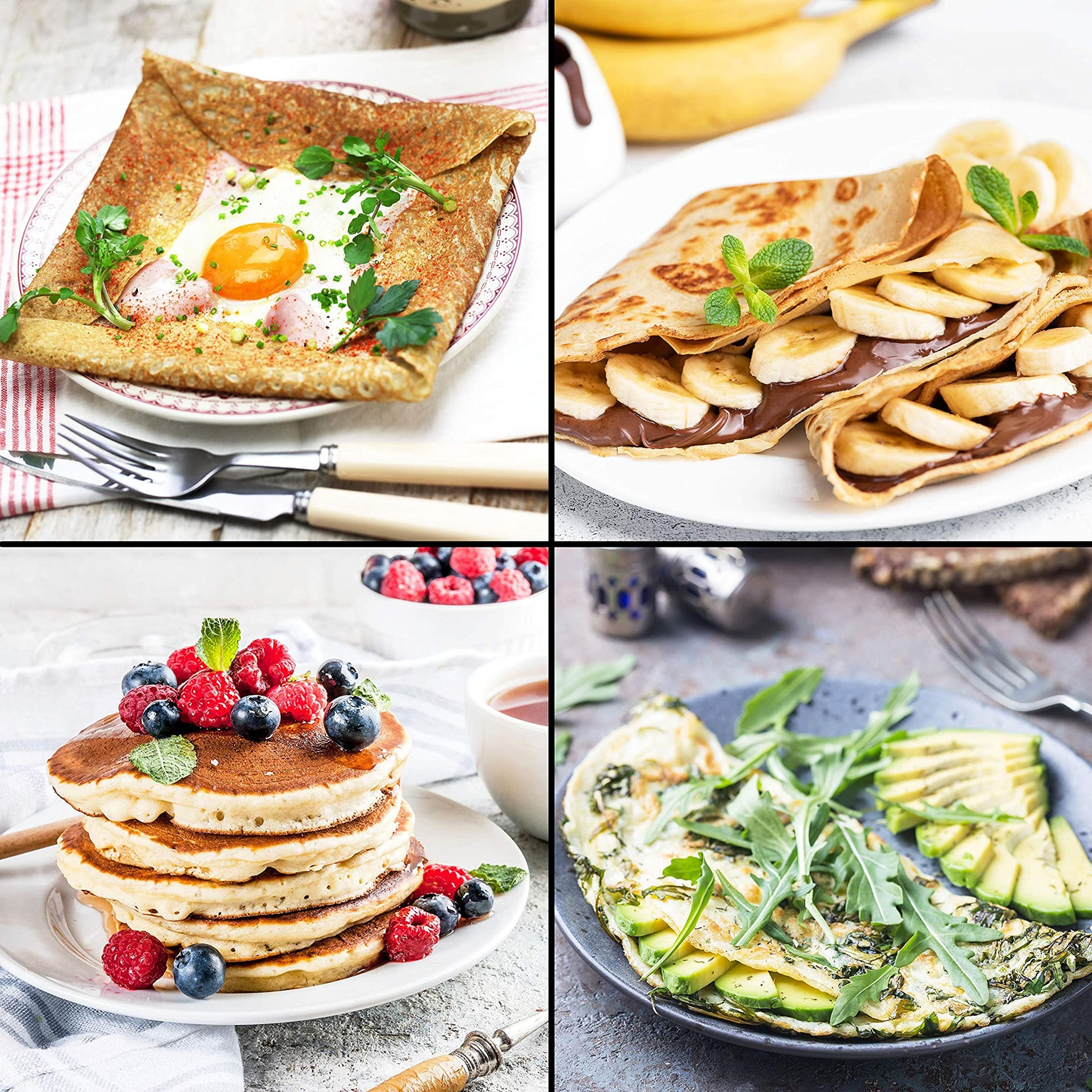 Vier Essensbilder: Crêpe mit Ei, Crêpe mit Bananen, Pfannkuchen mit Beeren und Avocado-Omelett.