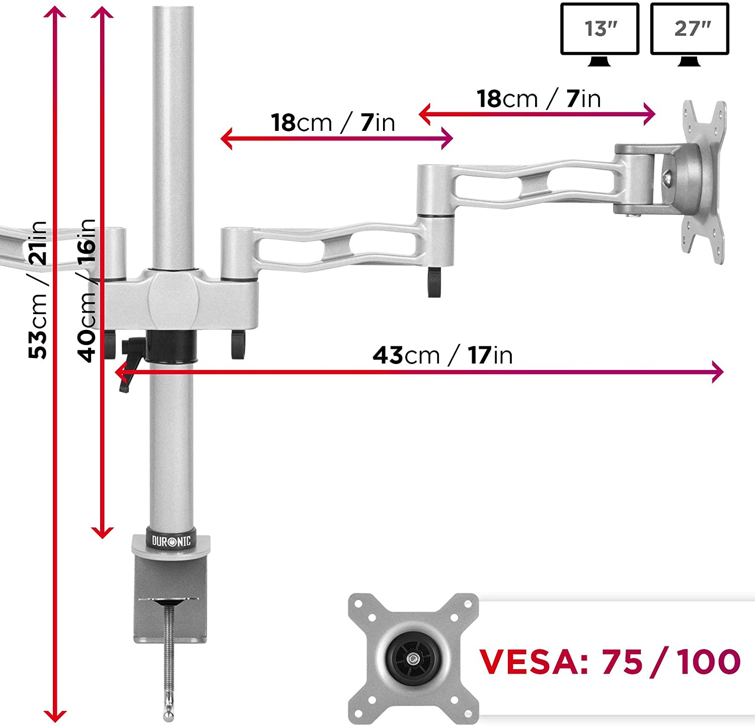 Brazo de monitor con dimensiones. Plata y negro. VESA 75/100. Muestra 13" y 27".