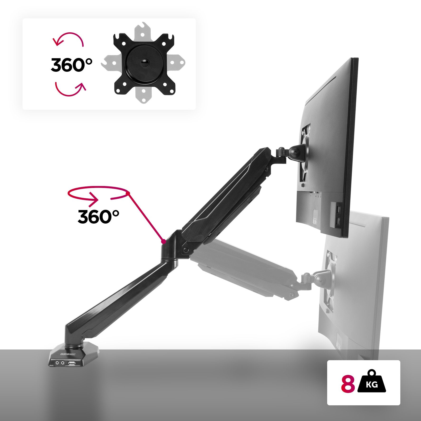 Schwarzer Monitorarm. Zeigt 360°-Drehung und 8 kg Tragfähigkeit.