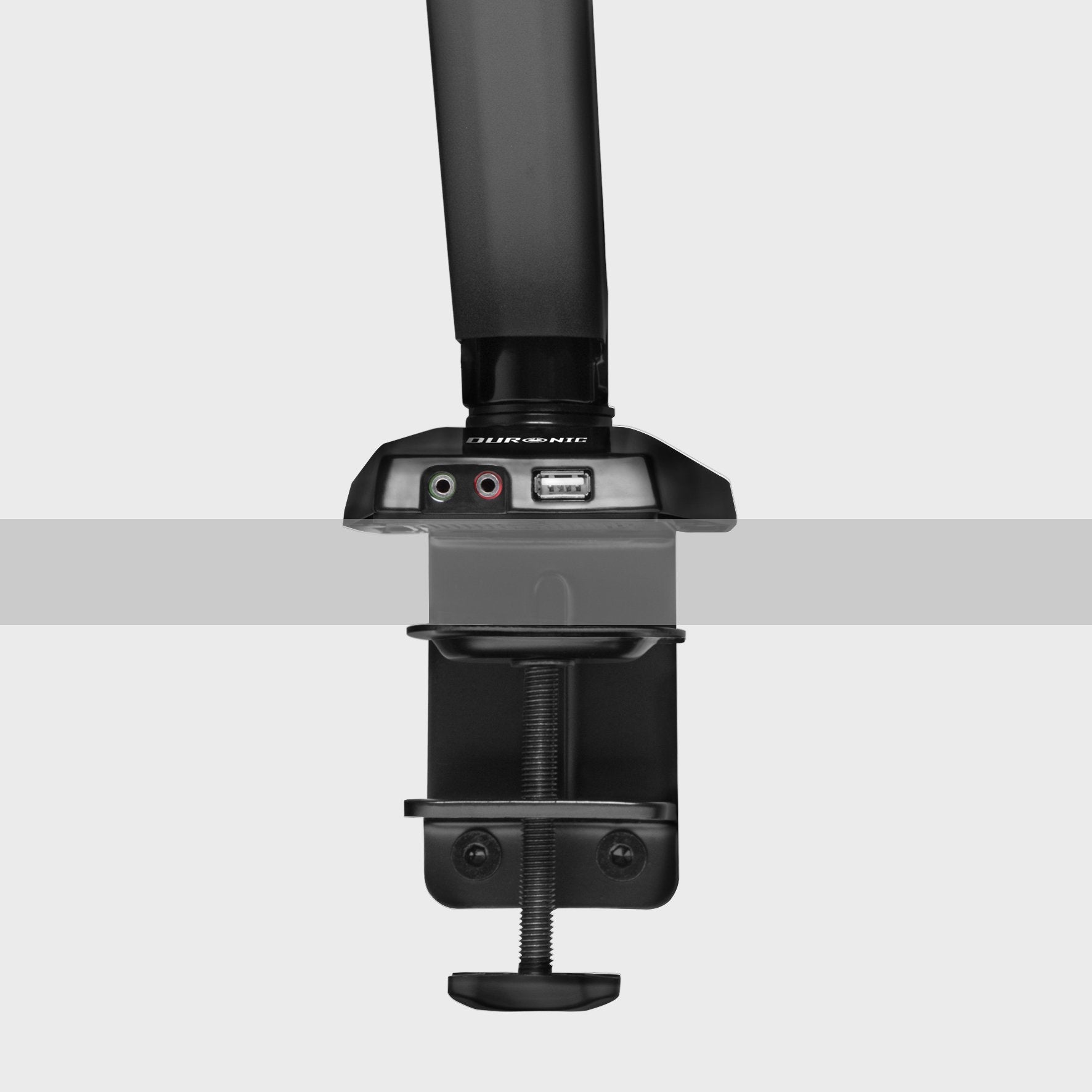 Ein Monitorarm mit schwarzer Basis, mit Anschlüssen und einem Klemmmechanismus.