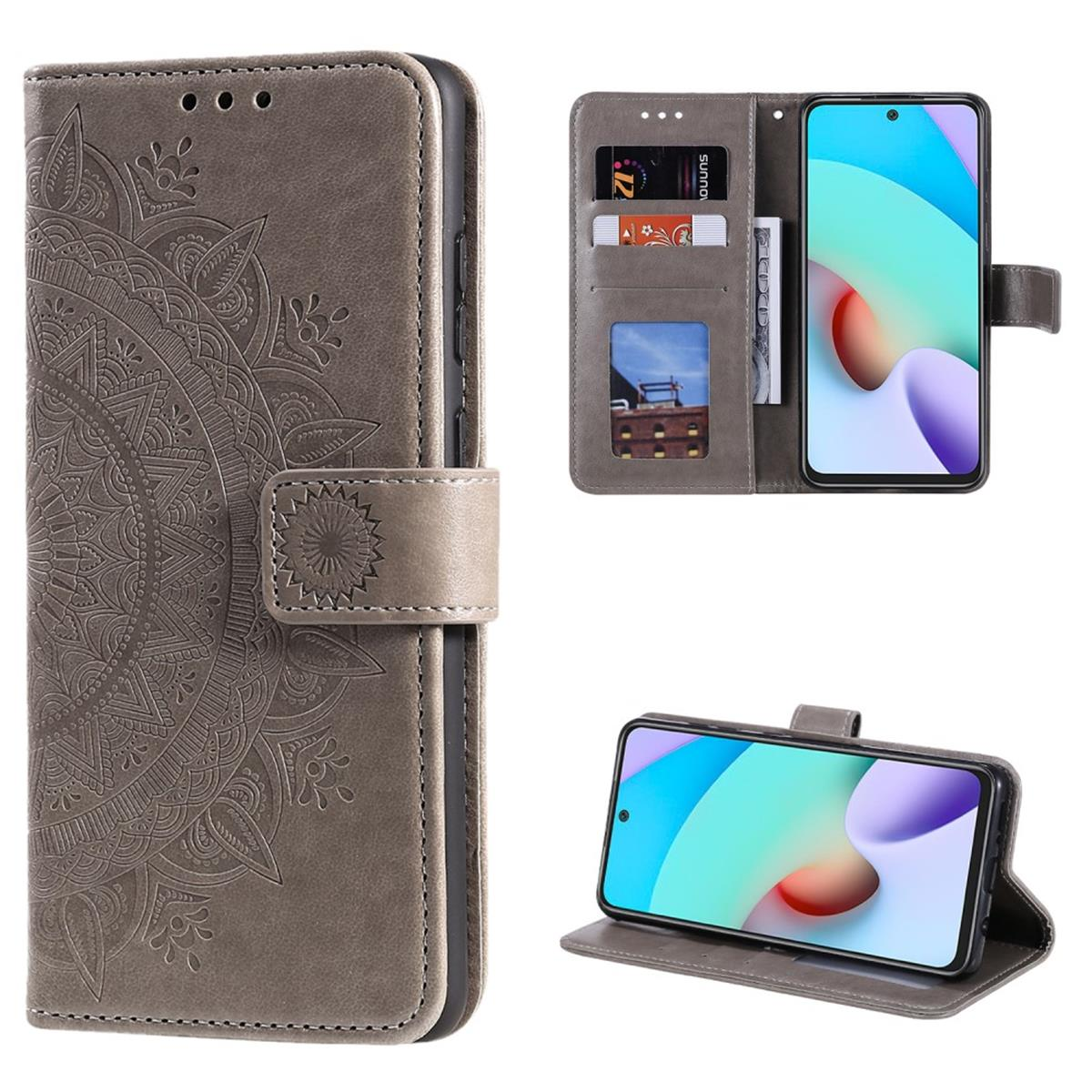 Graue Handyhülle mit Mandala-Design, geöffnet mit Handy und Karten.