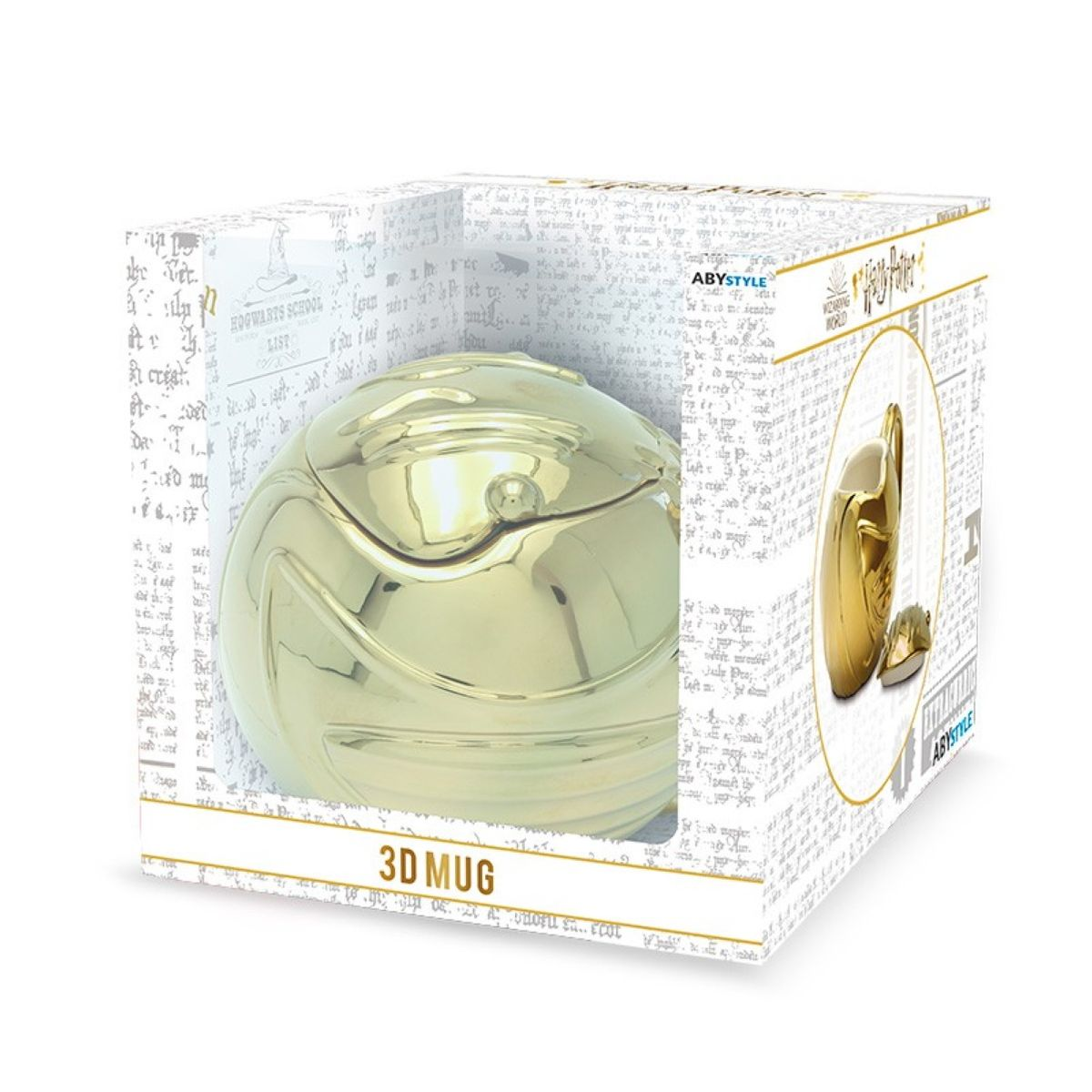 Ein goldfarbener Harry Potter 3D-Becher in einer transparenten Box mit ABYstyle-Branding.