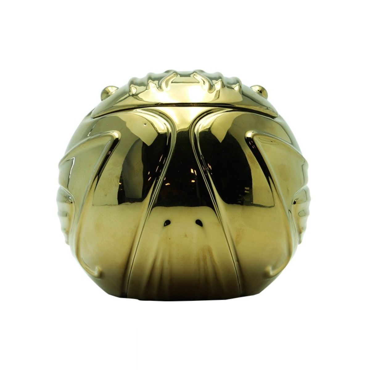 Ein goldenes Dekorationsobjekt, kugelförmig mit Deckel.