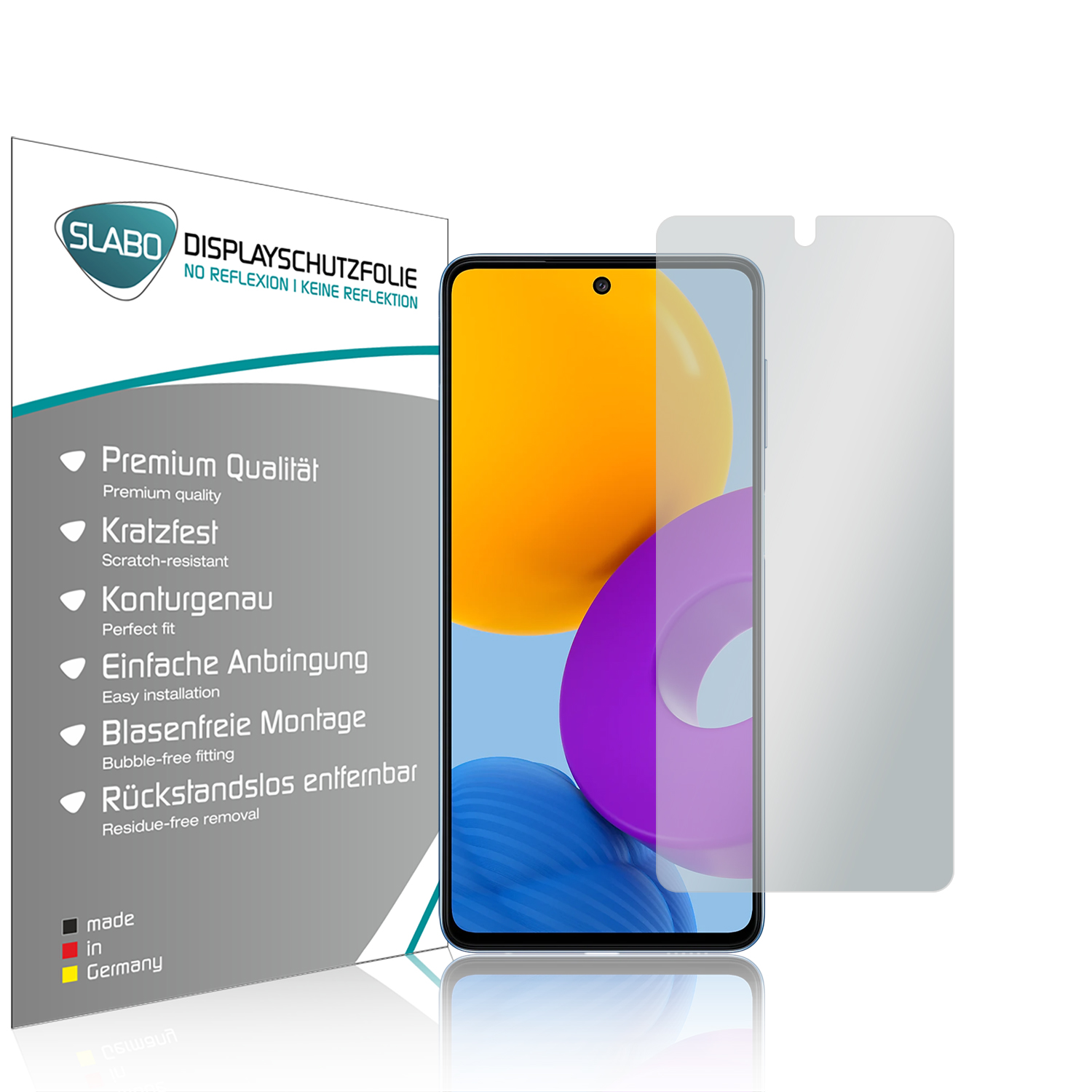 Displayschutzfolienbox und -schutz für ein Smartphone. Weißer Hintergrund.