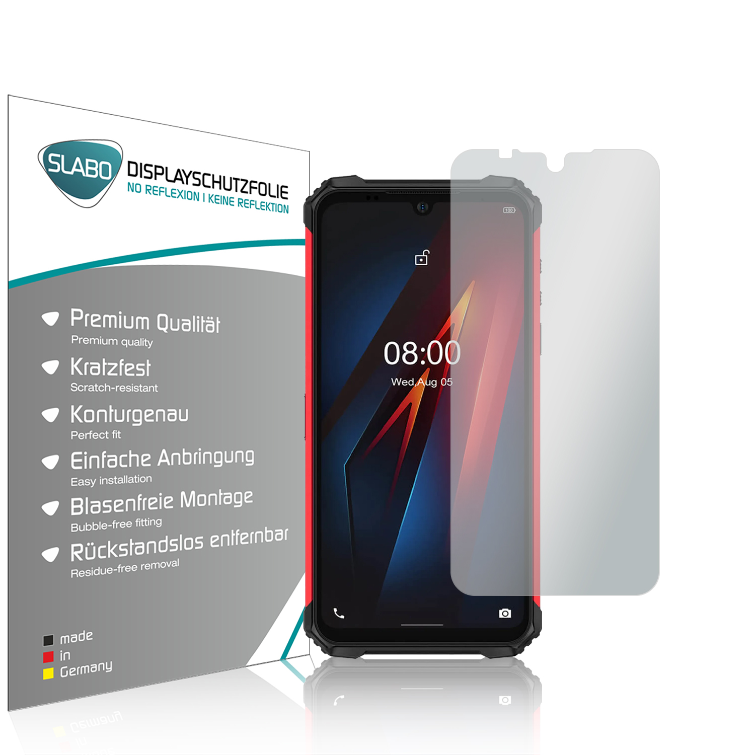Ein Telefon mit Displayschutzfolie und eine Box mit Informationen über den Schutz, hergestellt in Deutschland.
