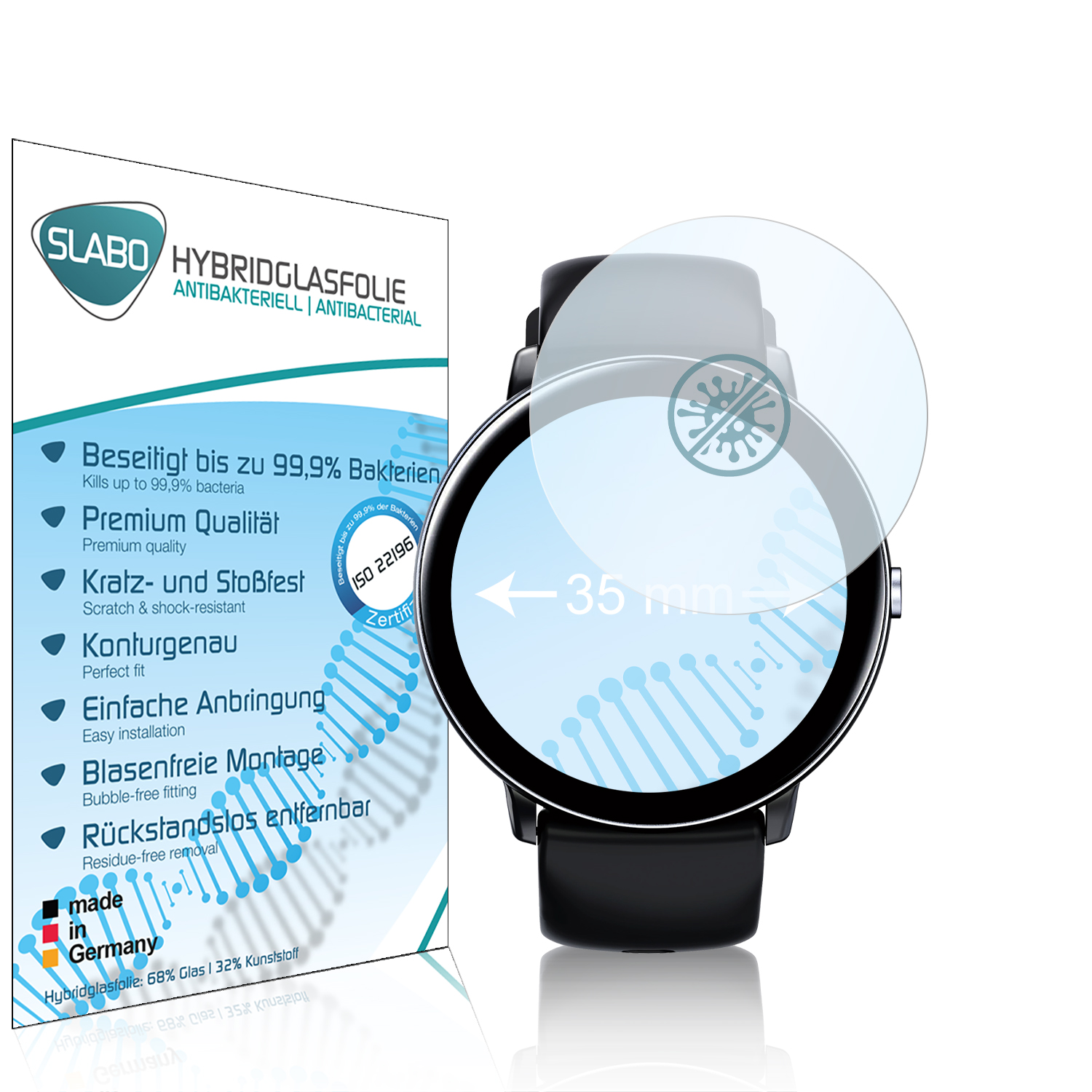 SLABO antibakterielle flexible Hybridglasfolie Displayschutz(für | Durchmesser: mm) Ø Smartwatch 35 Kreisrund, Armbanduhr
