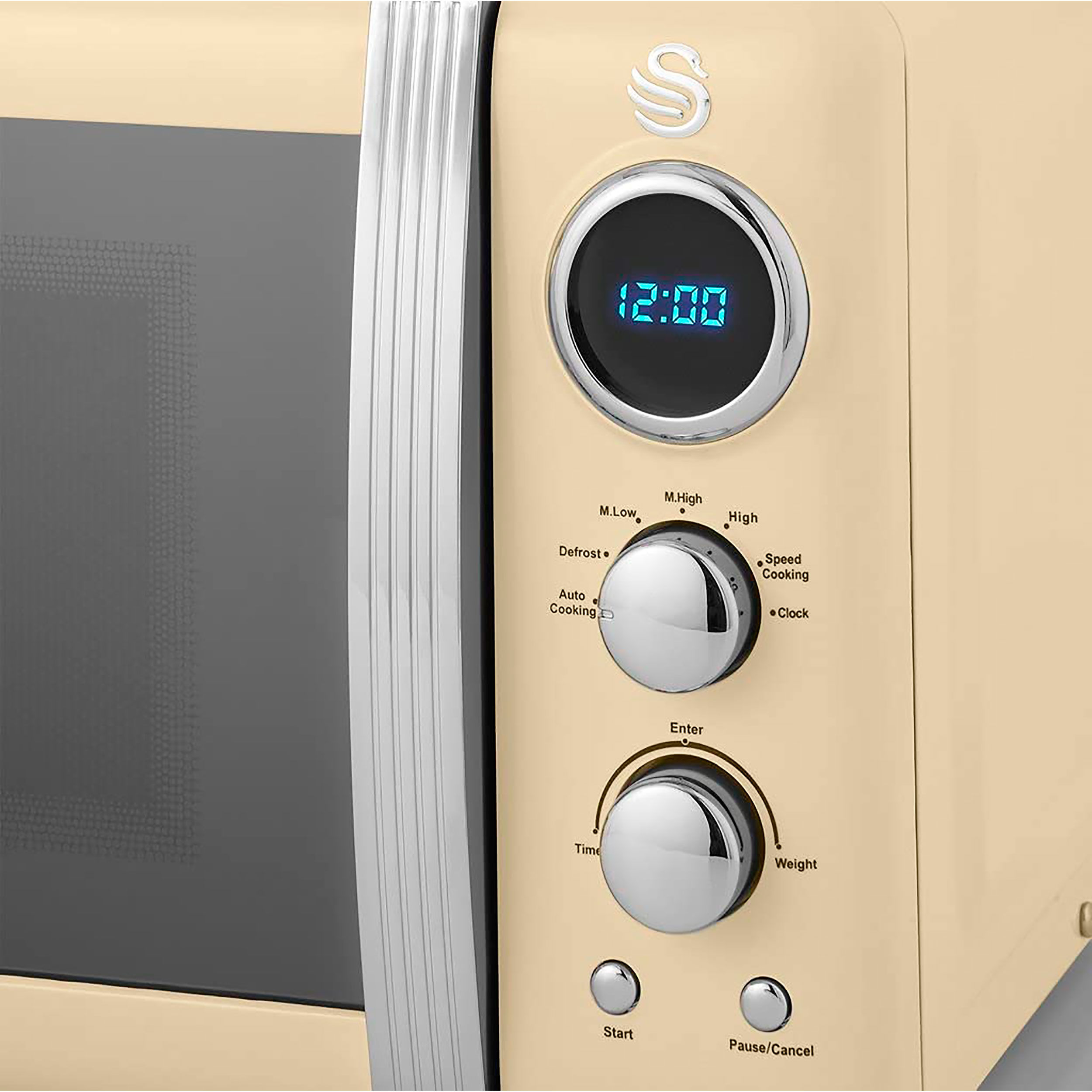 Horno microondas color crema con pantalla digital que muestra la hora y botones.