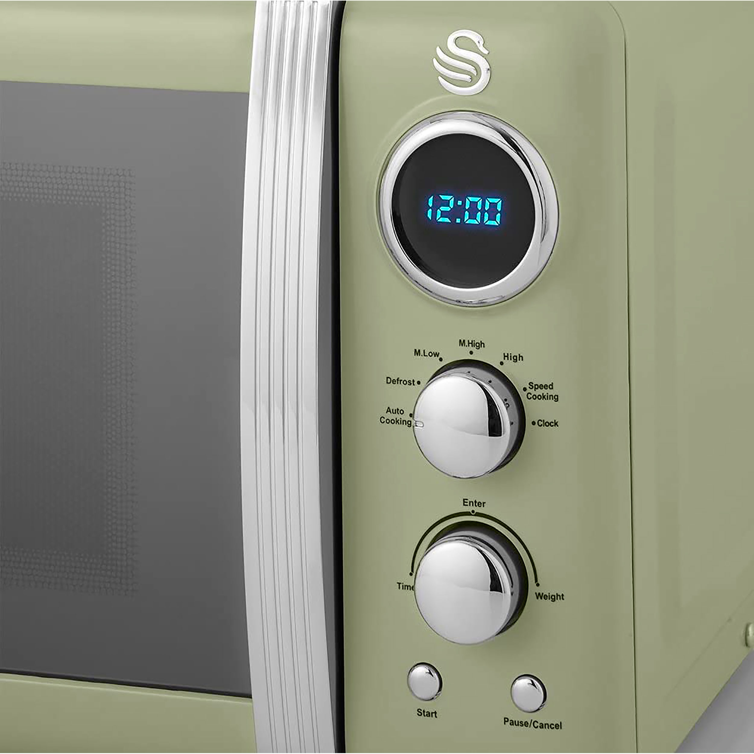 Grüner Retro-Mikrowellenofen. Er hat eine Digitaluhr und Drehknöpfe für Zeit und Leistung.
