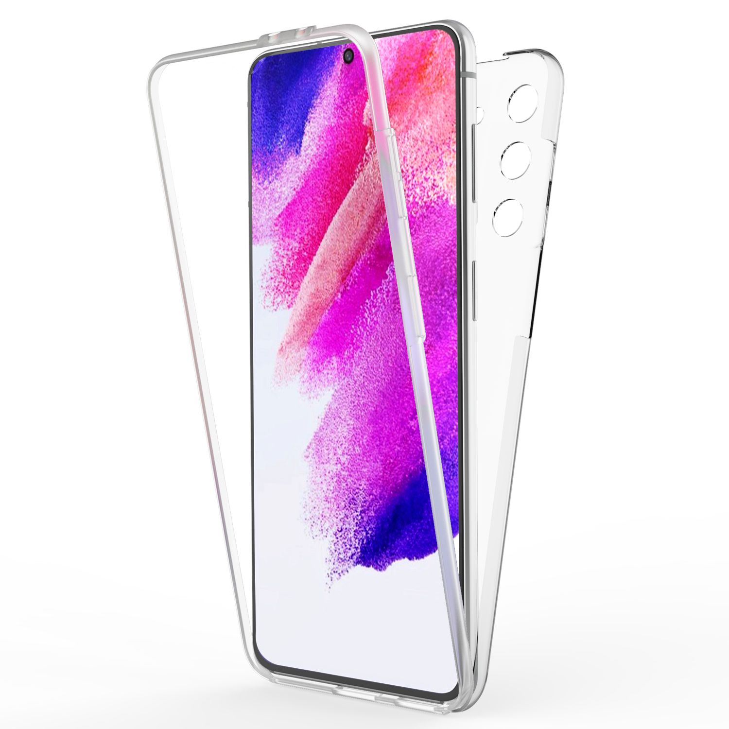 Transparente Handyhülle. Ein Telefon ist darin, umgeben von der transparenten Hülle.